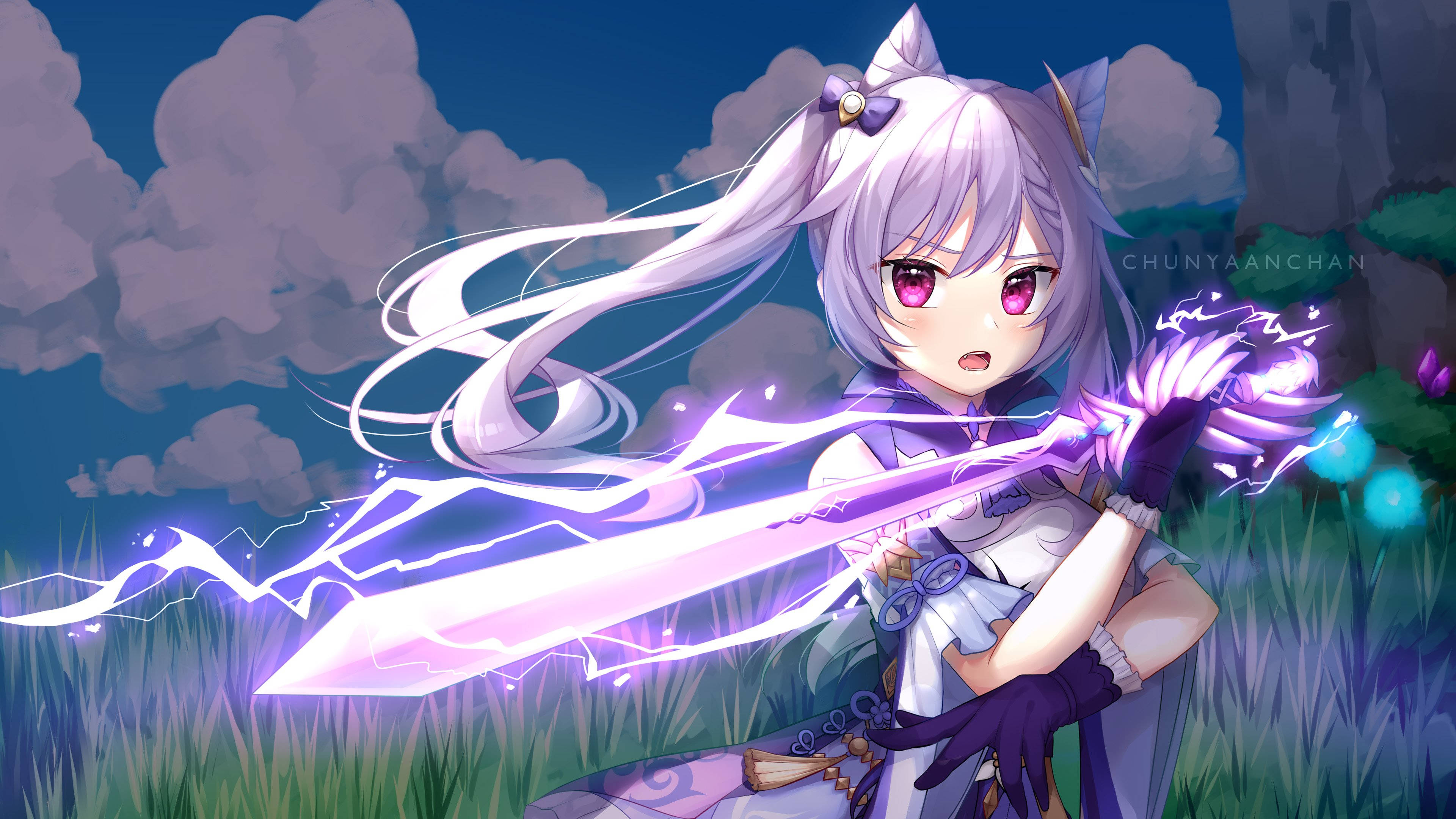 Keqing, purple-haired, cat ears, 4K Desktop Wallpaper