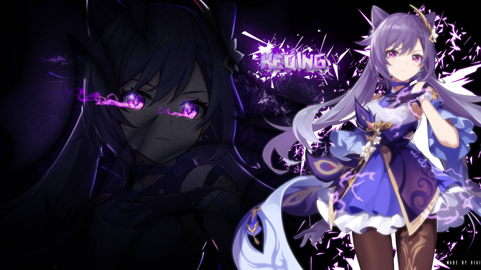 Keqing, purple-haired cat-eared girl, glowing purple eyes, Full HD Desktop Wallpaper