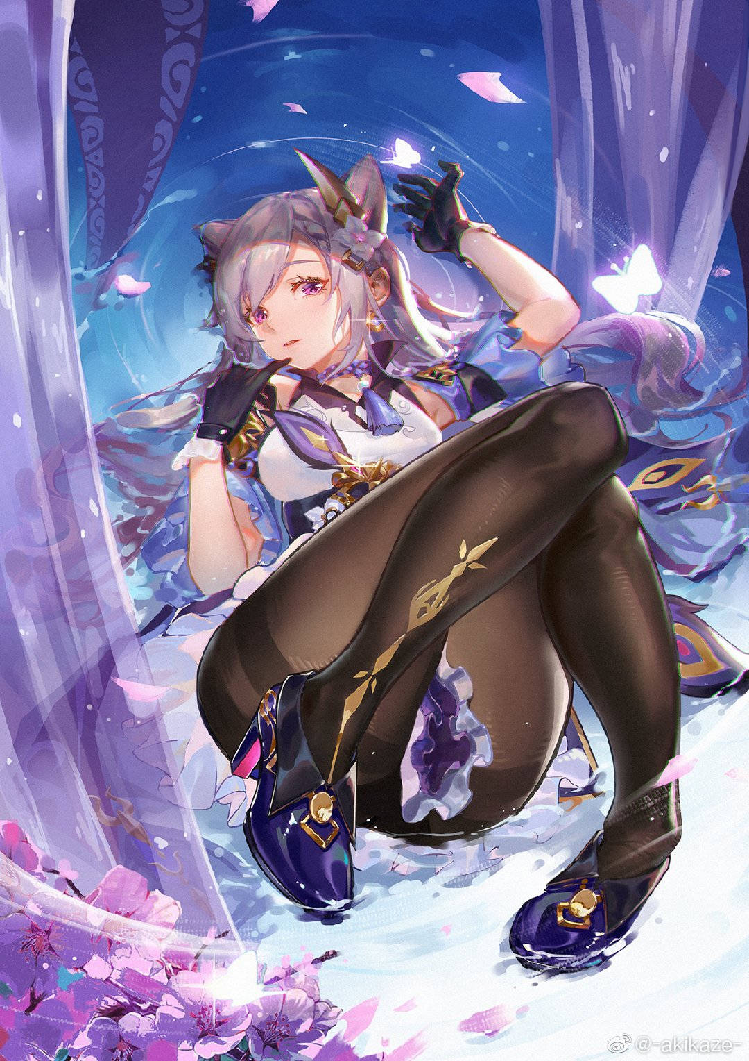 Keqing, cat-eared anime girl, purple and gold outfit, HD Phone Wallpaper