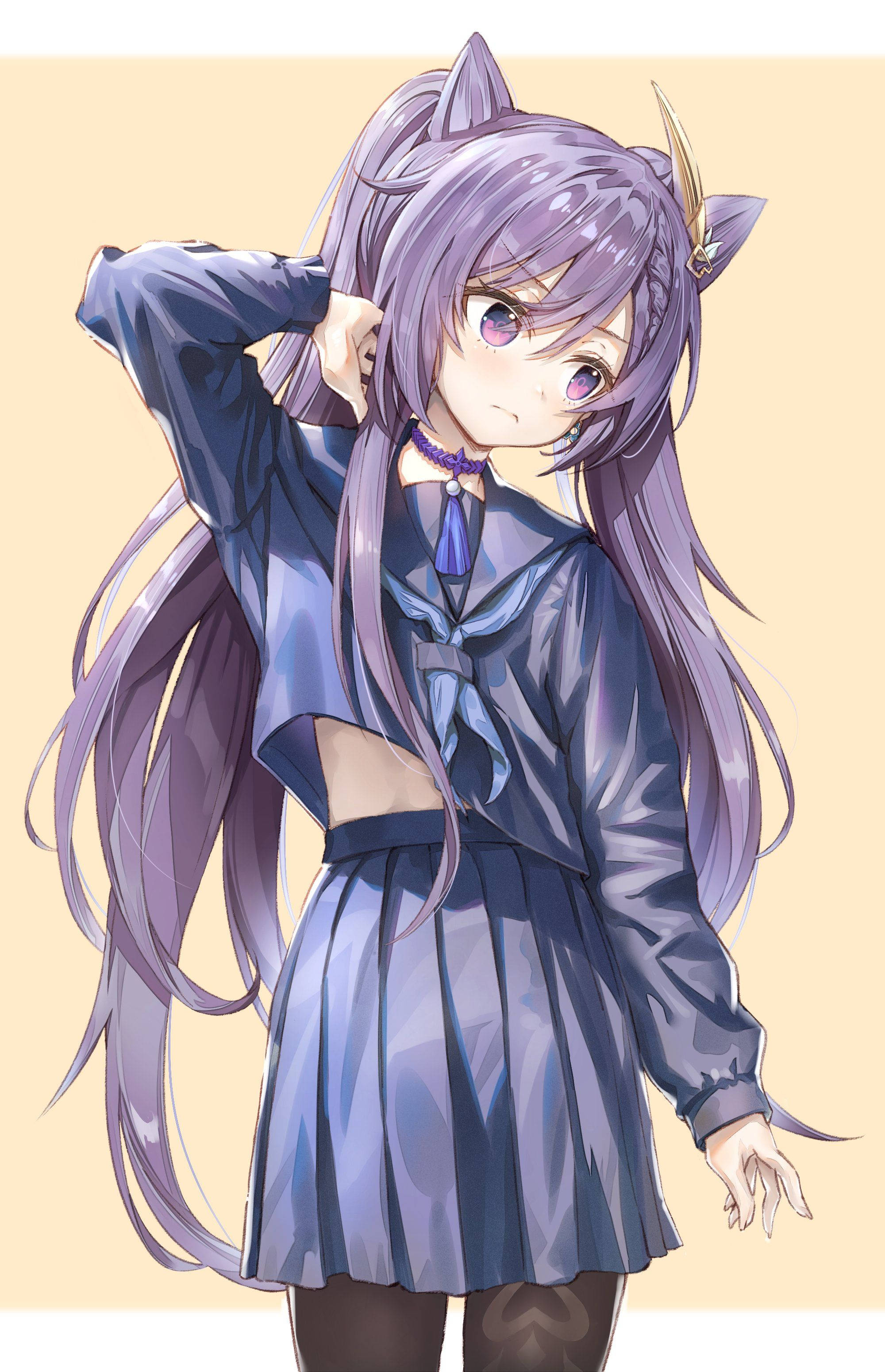 Keqing, purple hair, cat ears, 2K Phone Wallpaper