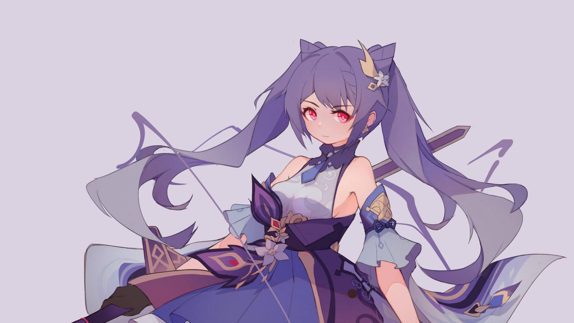 Keqing, purple-haired, red eyes, Full HD Desktop Wallpaper