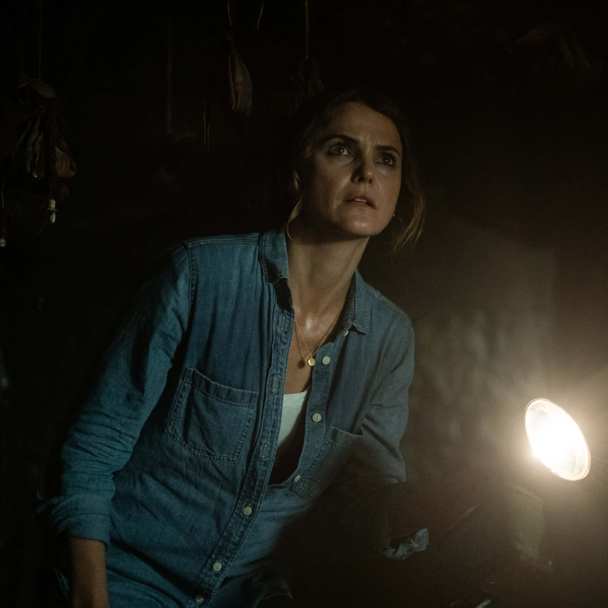 Keri Russell, denim shirt, dimly lit, Full HD Desktop Wallpaper