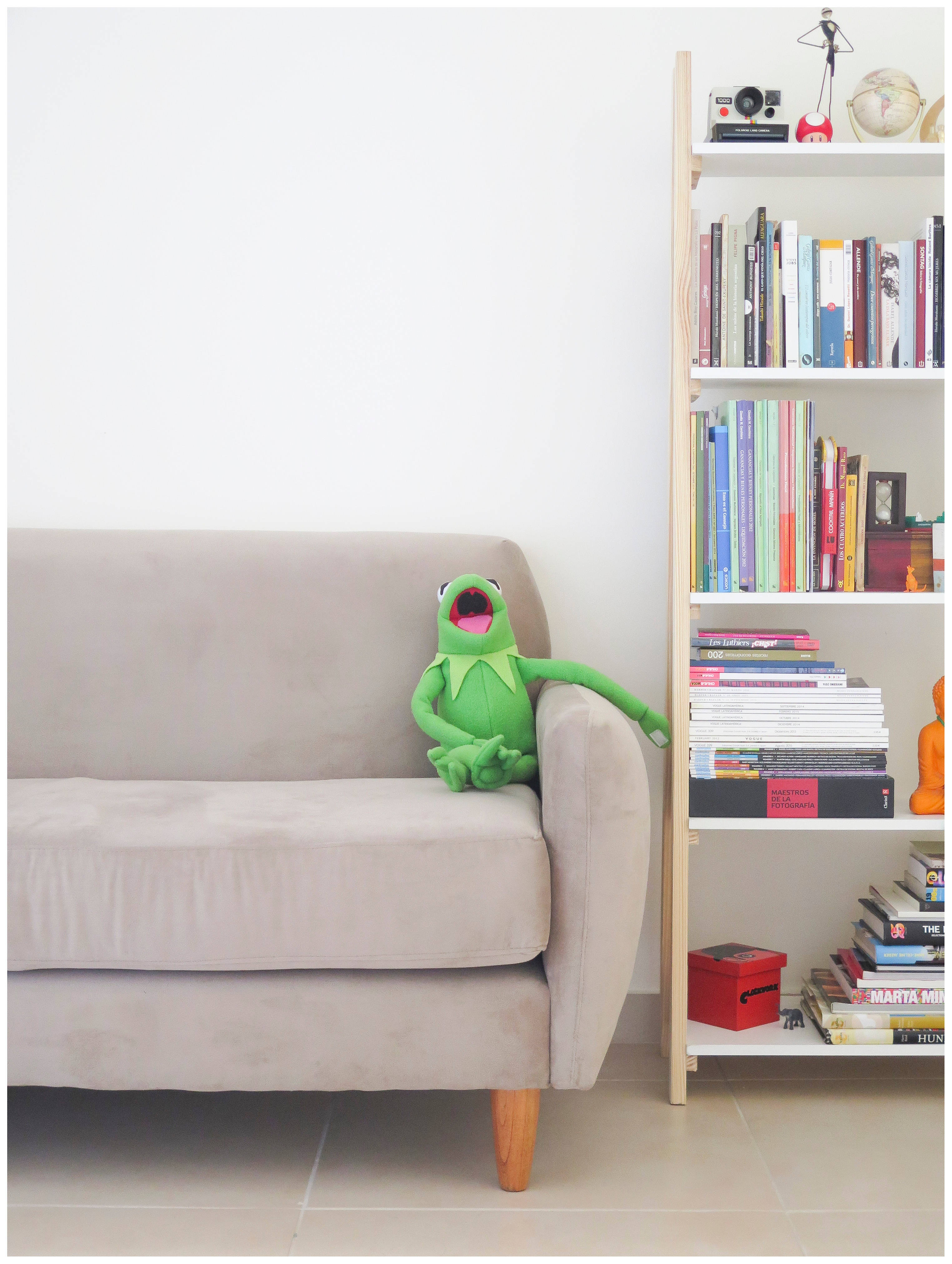 Kermit the Frog, plush toy, beige sofa, 4K Phone Wallpaper
