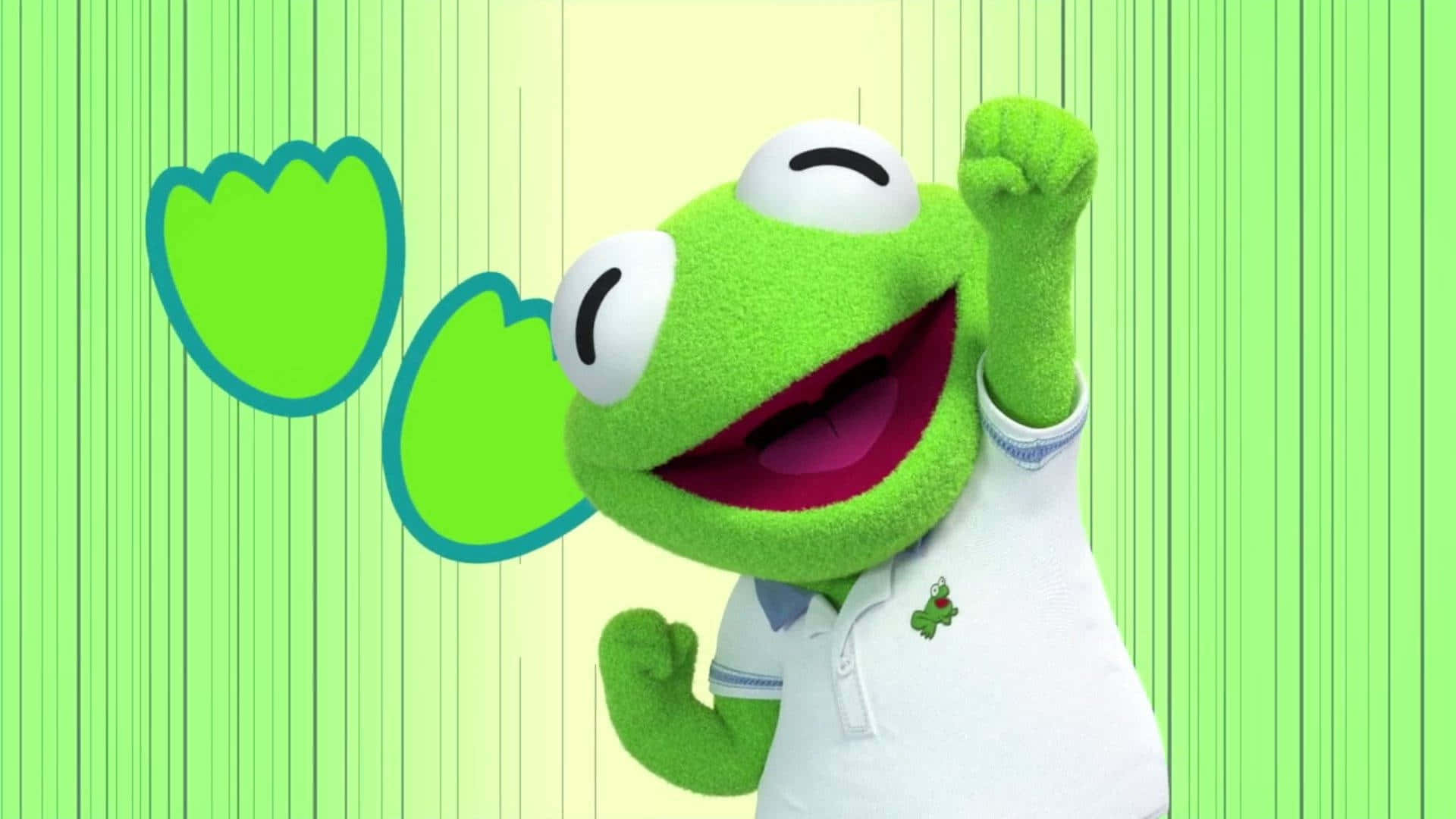 Kermit the Frog, white polo shirt, green striped background, Full HD Desktop Wallpaper