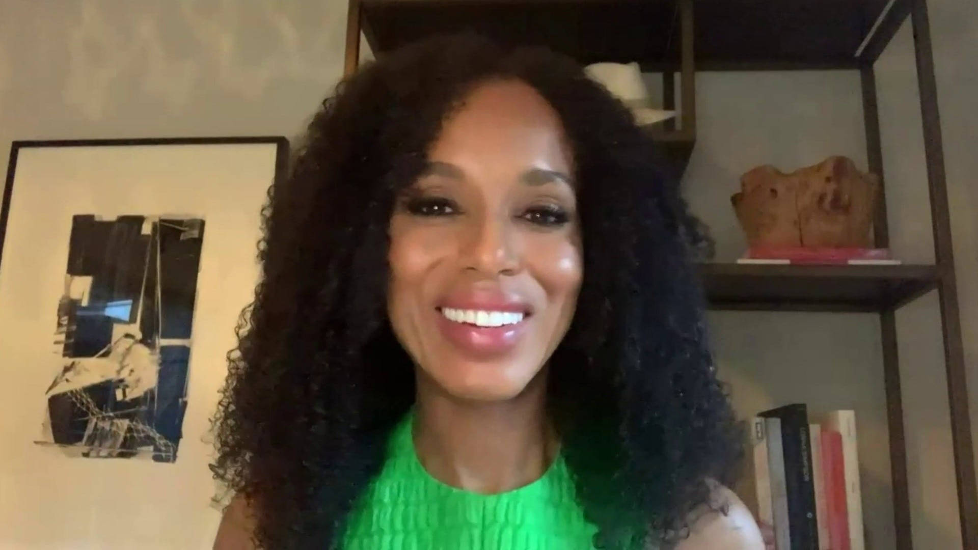 Kerry Washington, podcast recording, voluminous dark curls, Full HD Desktop Wallpaper