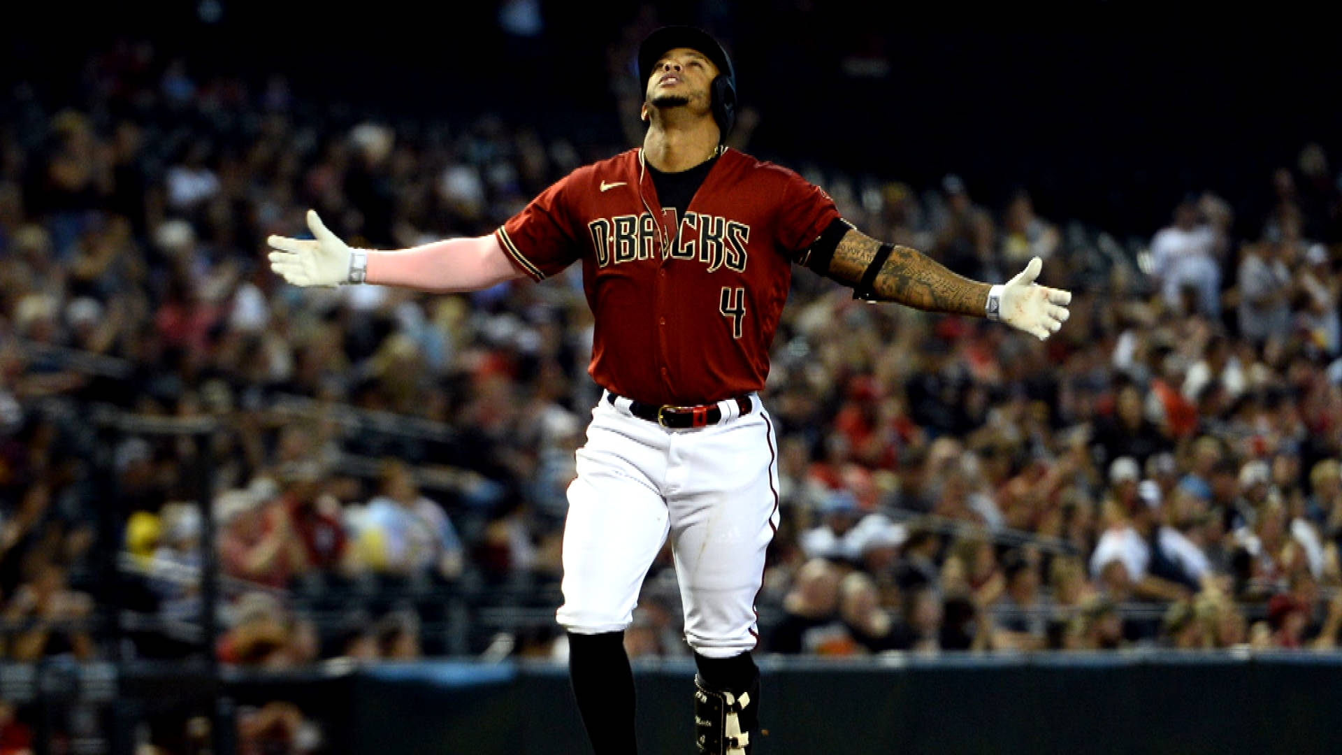 Ketel Marte, red Diamondbacks jersey, stadium lights, Full HD Desktop Wallpaper