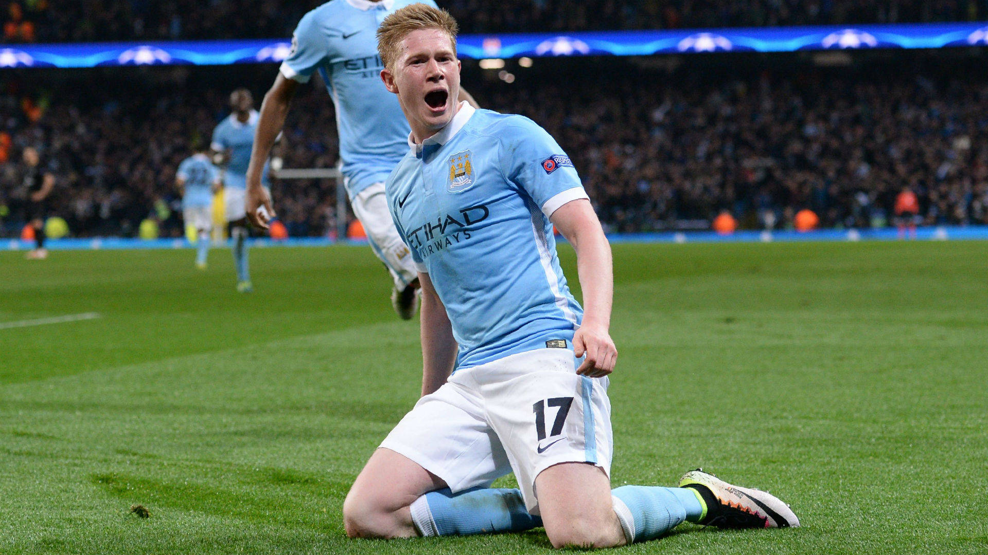 Kevin De Bruyne, light blue jersey, vibrant green pitch, Full HD Desktop Wallpaper