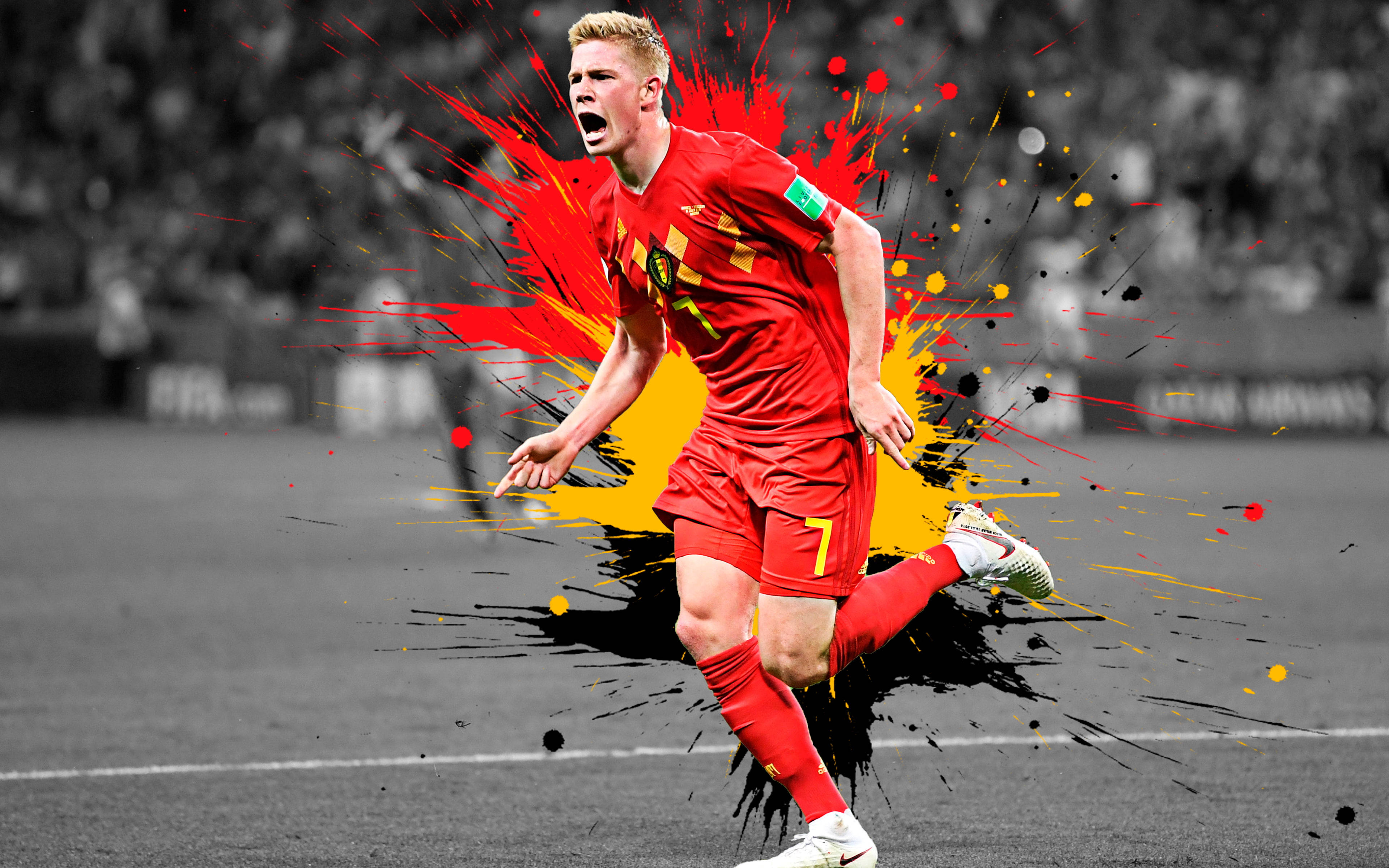 Kevin De Bruyne, red jersey, black and white stadium background, 4K Desktop Wallpaper