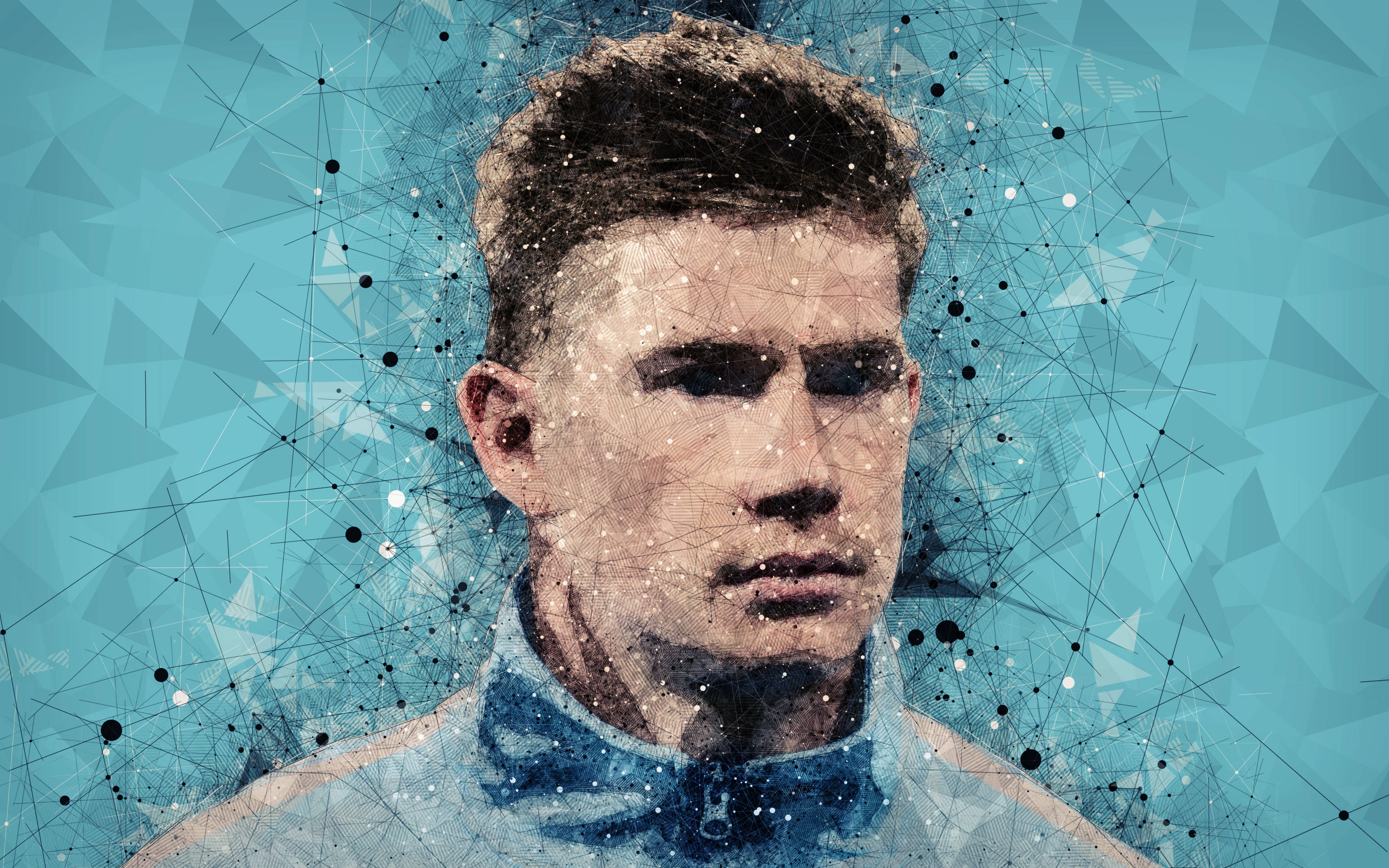 Kevin De Bruyne, blue geometric background, connecting dots and lines, 4K Desktop Wallpaper