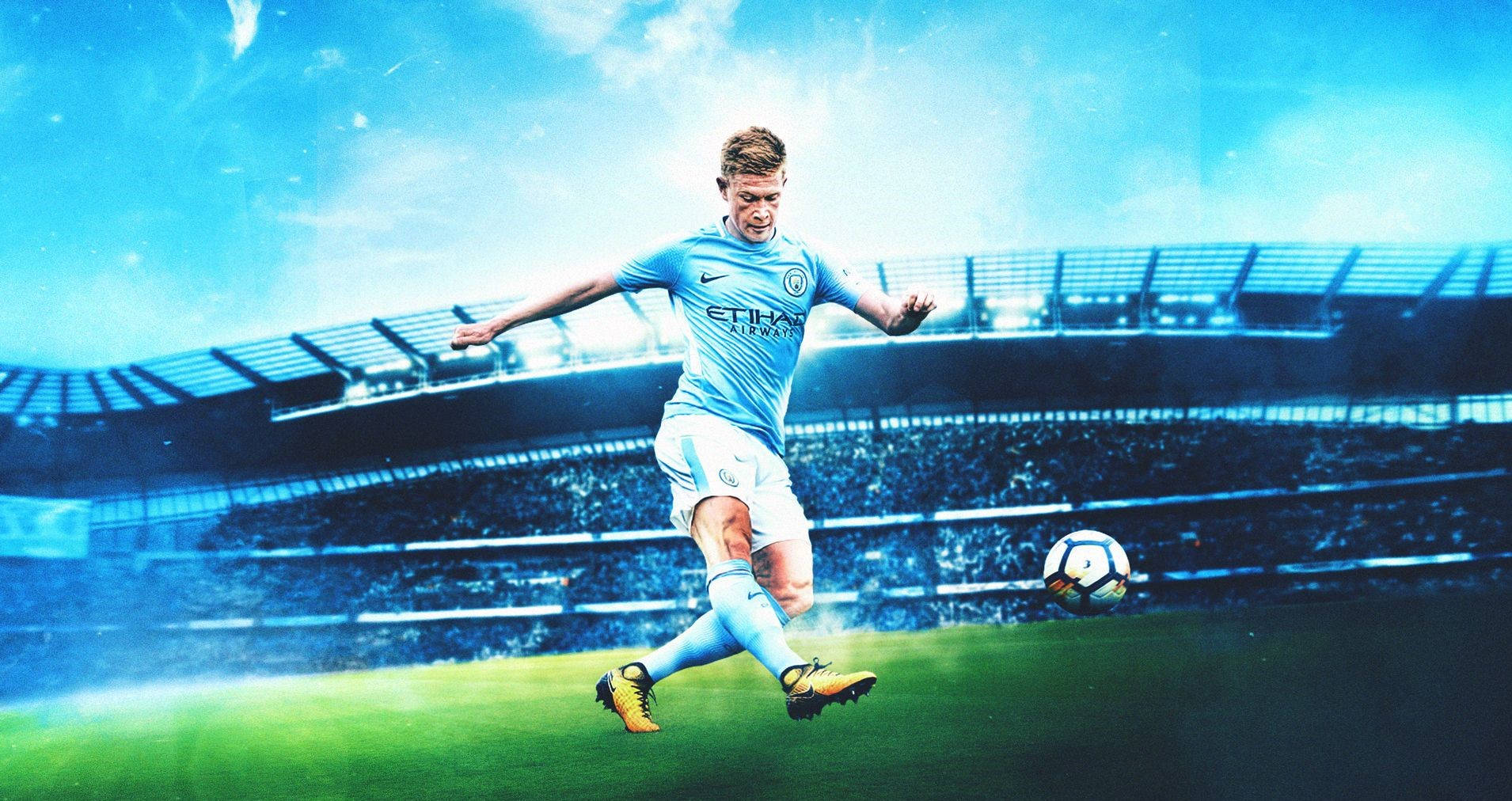 Kevin De Bruyne, light blue jersey, vibrant green pitch, HD Desktop Wallpaper