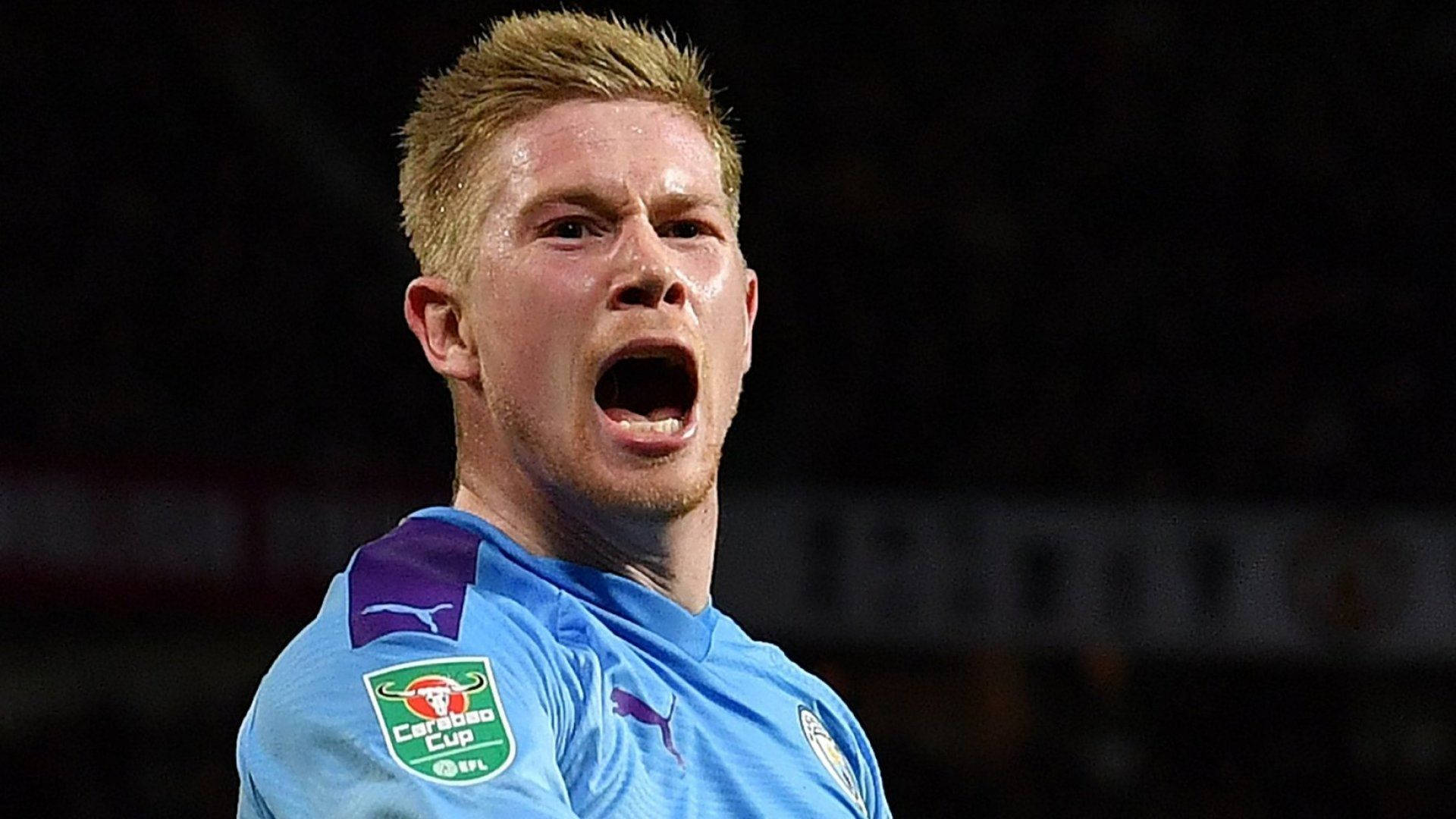 Kevin De Bruyne, light blue jersey, stadium lights, Full HD Desktop Wallpaper