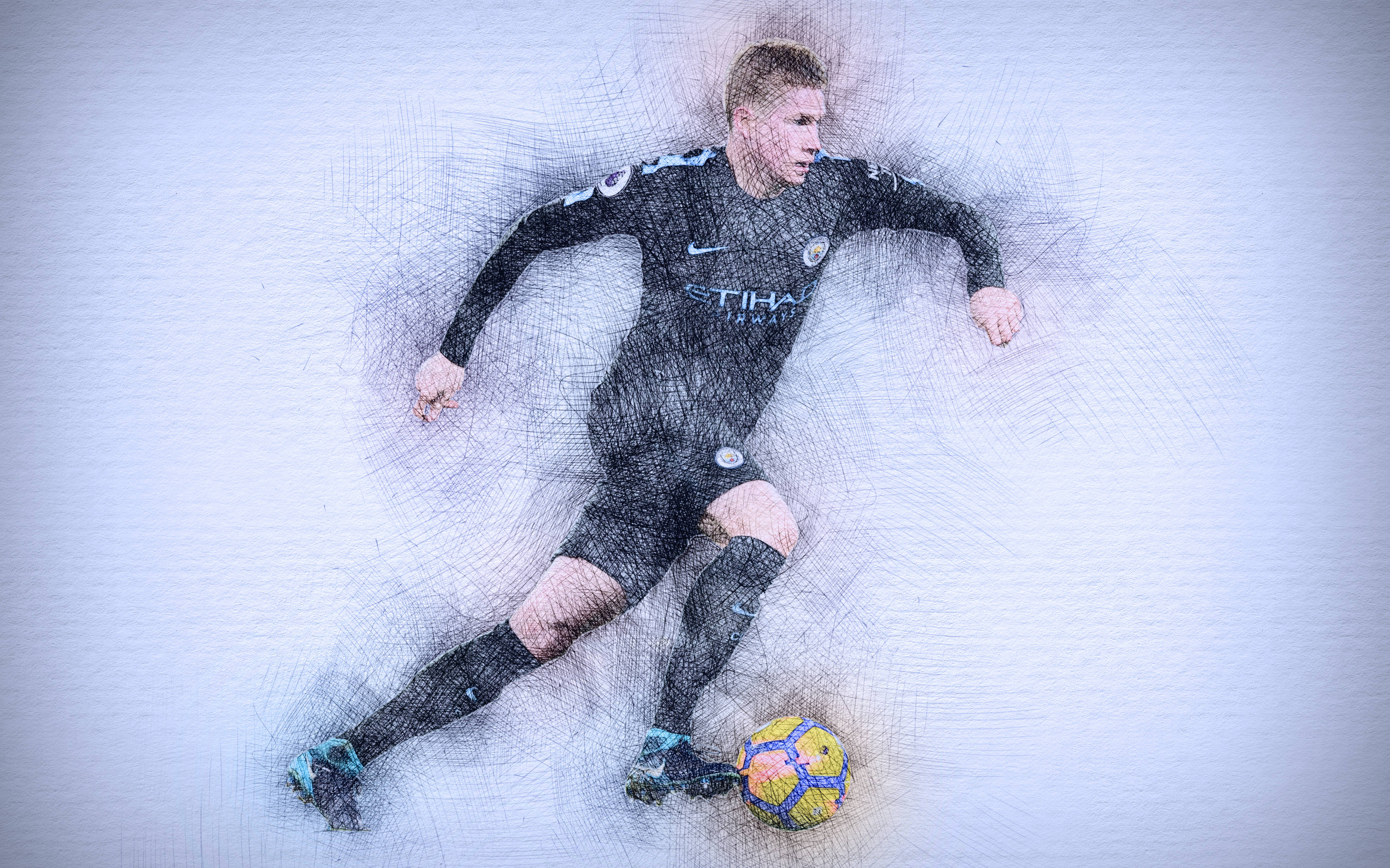 Kevin De Bruyne, black kit, colorful ball, 4K Desktop Wallpaper