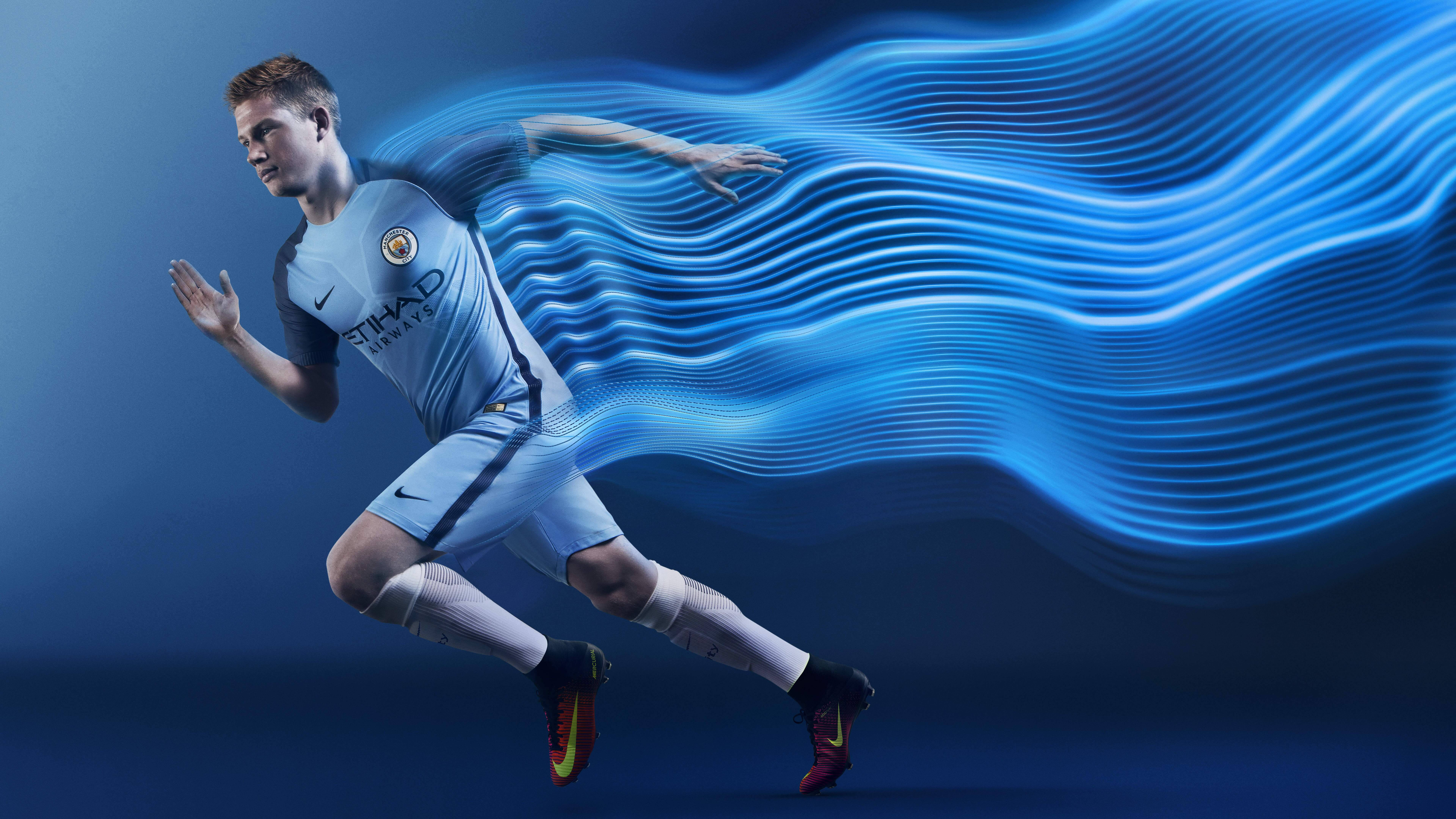 Kevin De Bruyne, light blue jersey, blue energy waves, 8K Desktop Wallpaper