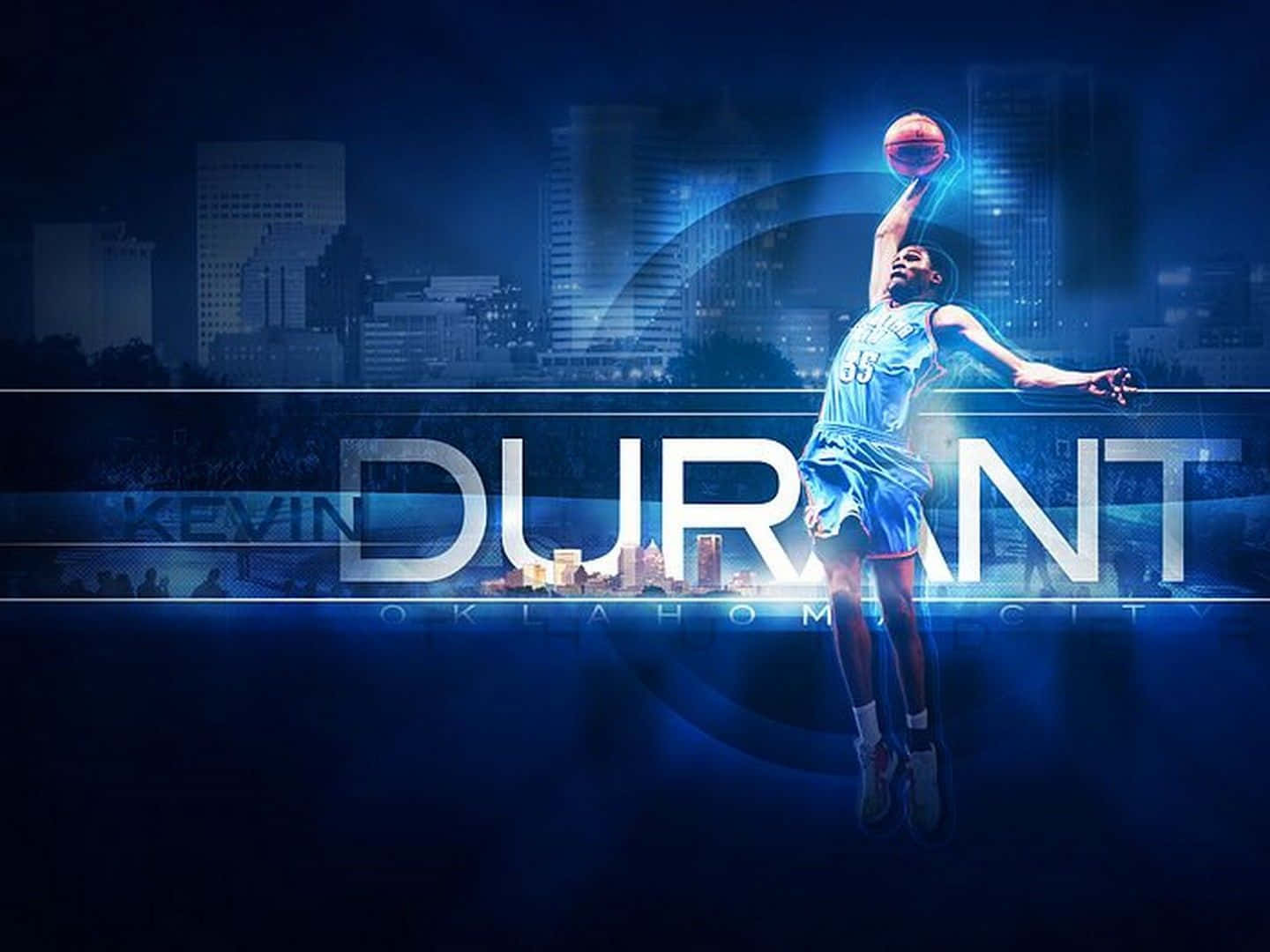 Kevin Durant, blue basketball, glowing blue city skyline, HD Desktop Wallpaper