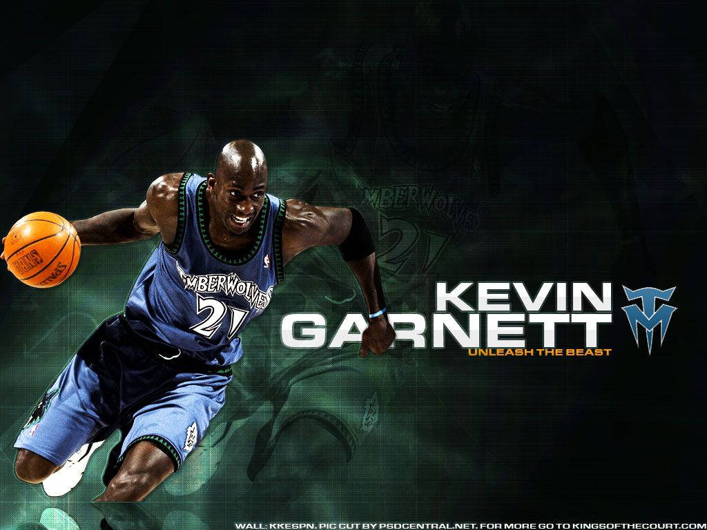 Kevin Garnett, blue Timberwolves jersey, dribbling a basketball, SD Desktop Wallpaper