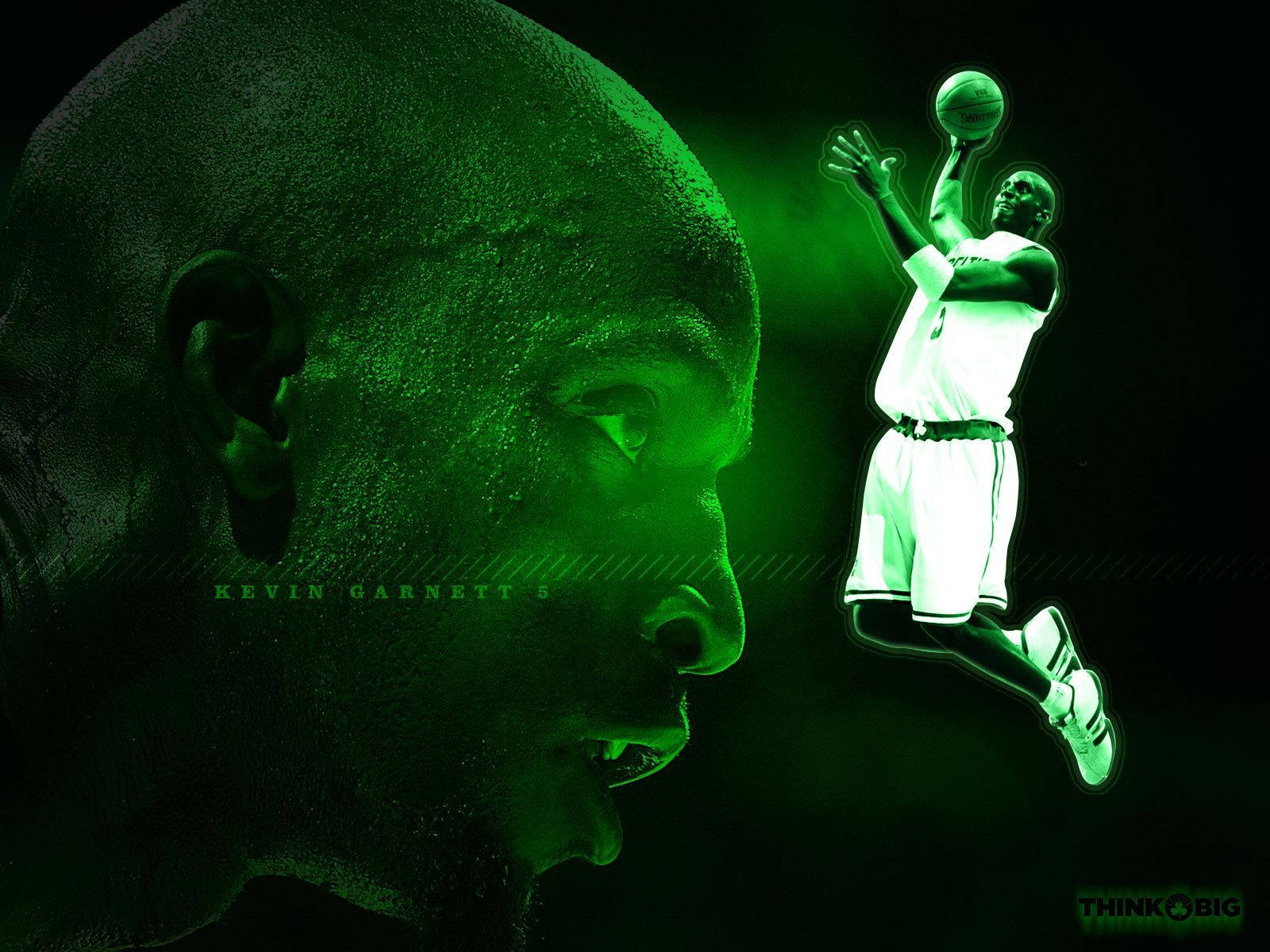 Kevin Garnett, green-tinted portrait, silhouette mid-air dunking a basketball, HD Desktop Wallpaper
