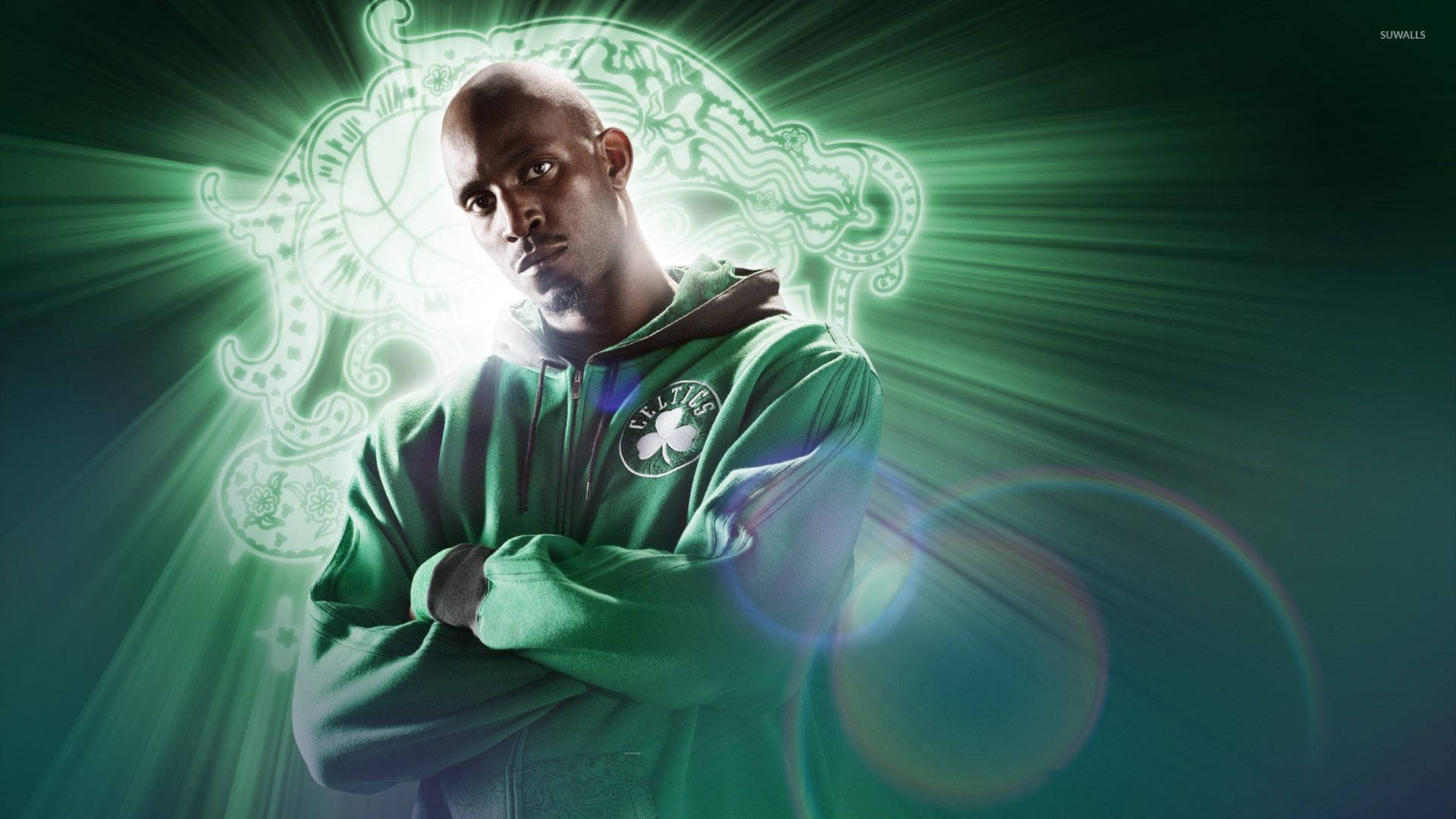 Kevin Garnett, green hoodie, glowing green ornate background, Full HD Desktop Wallpaper