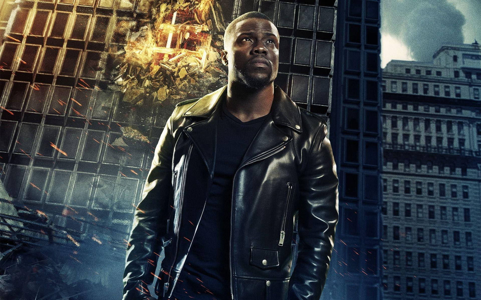 Kevin Hart, black leather jacket, skyscraper explodes, Full HD Desktop Wallpaper