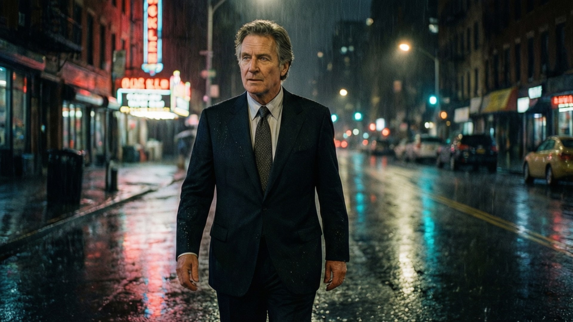 Kevin Kline, neon lights, cinematic rainy night scene, Full HD Desktop Wallpaper