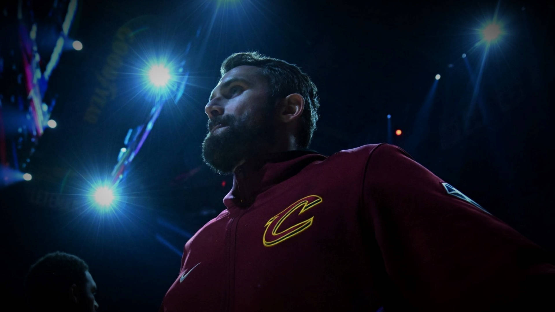 Kevin Love, maroon Cleveland jersey, dimly lit arena, Full HD Desktop Wallpaper