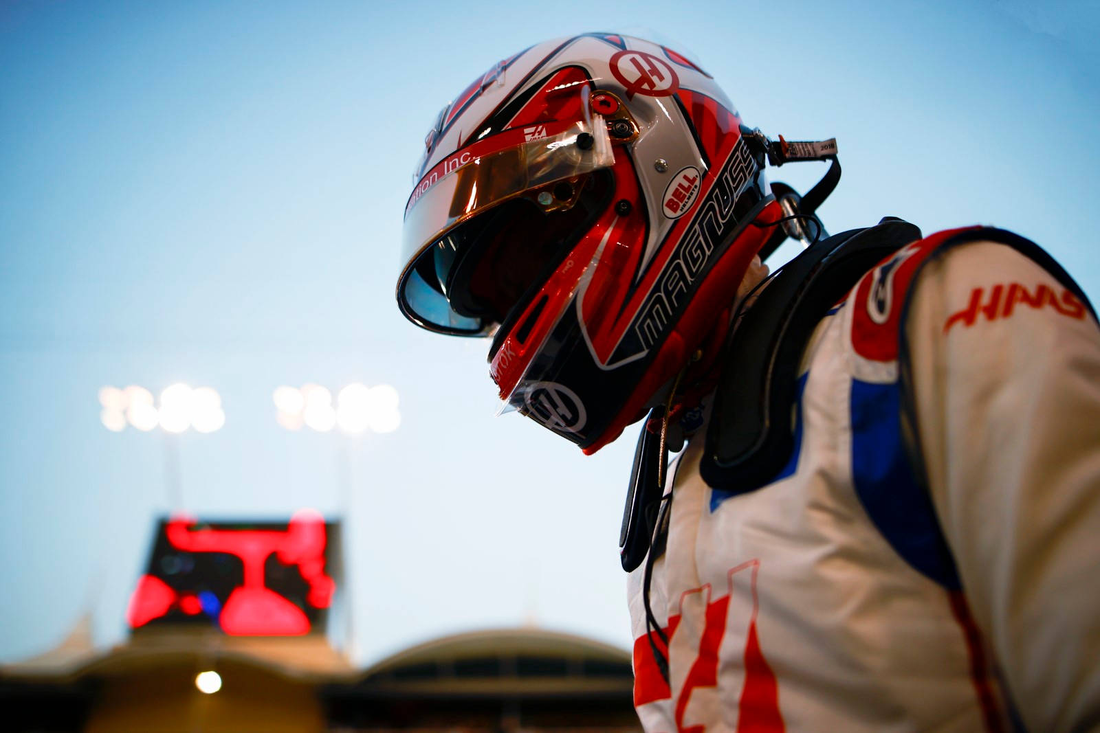 Kevin Magnussen, red white and blue HANS helmet, suit, HD Desktop Wallpaper