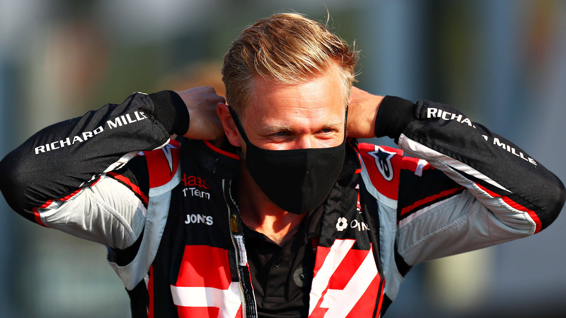 Kevin Magnussen, red white and black racing suit, black face mask, Full HD Desktop Wallpaper