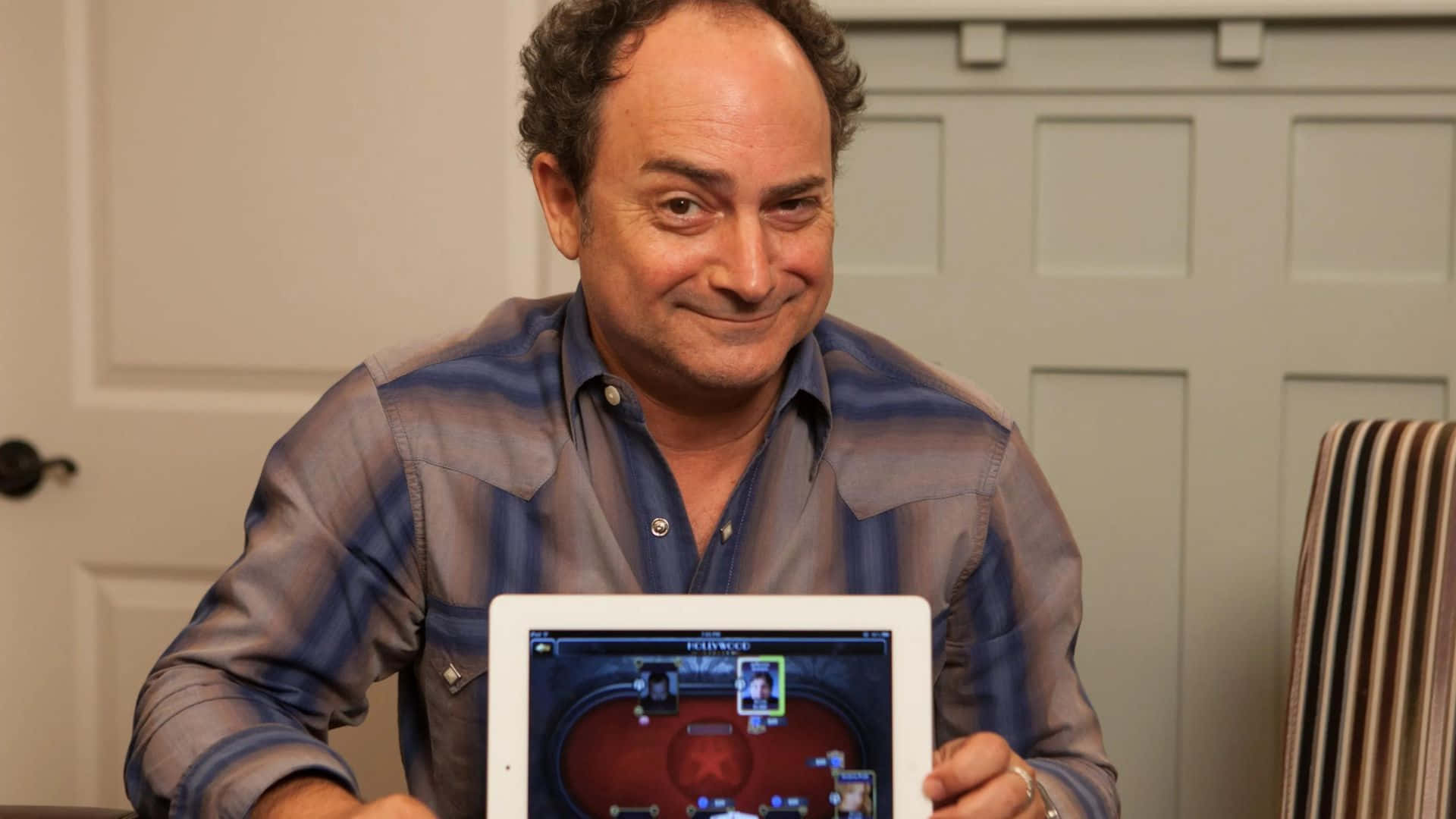 Kevin Pollak, plaid shirt, tablet, Full HD Desktop Wallpaper