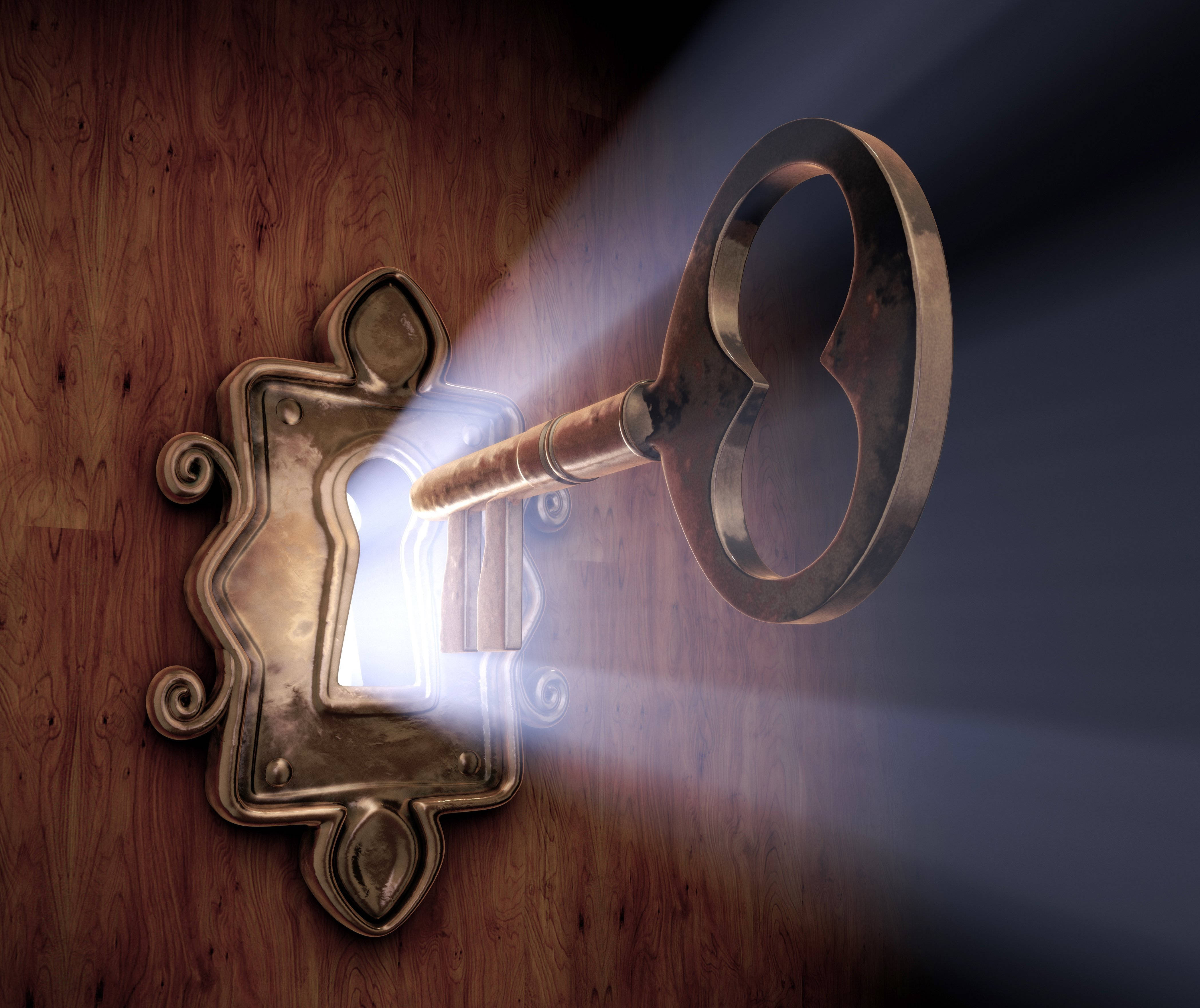 glowing key, ornate brass lock, weathered wood, 4K Desktop Wallpaper