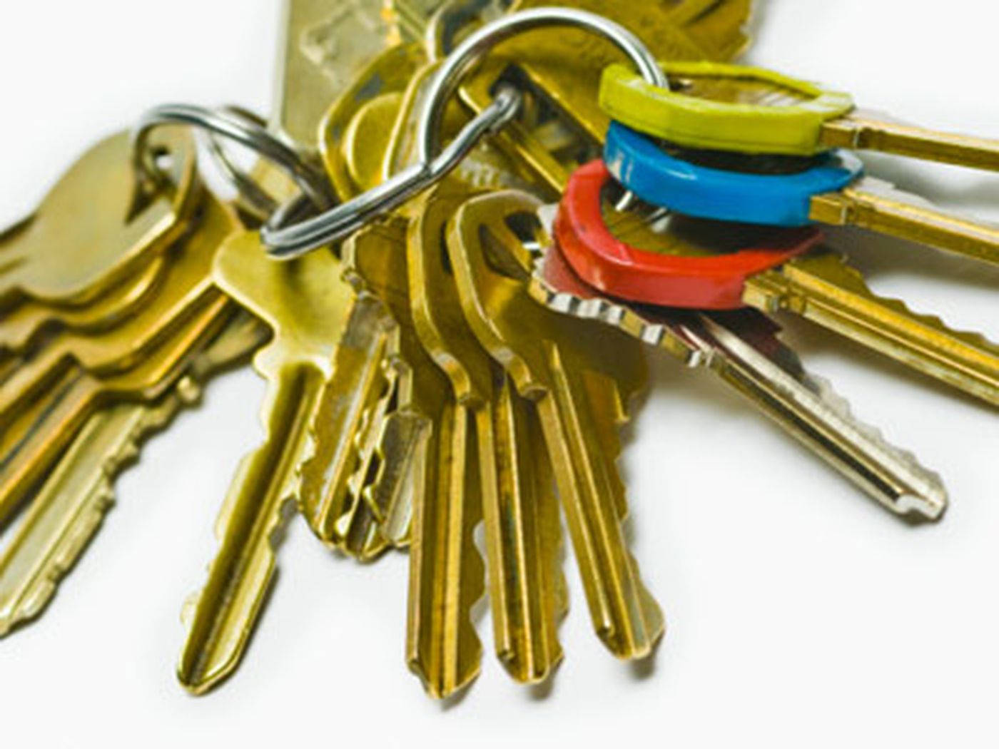 brass keys, white background, colorful plastic key rings, HD Desktop Wallpaper