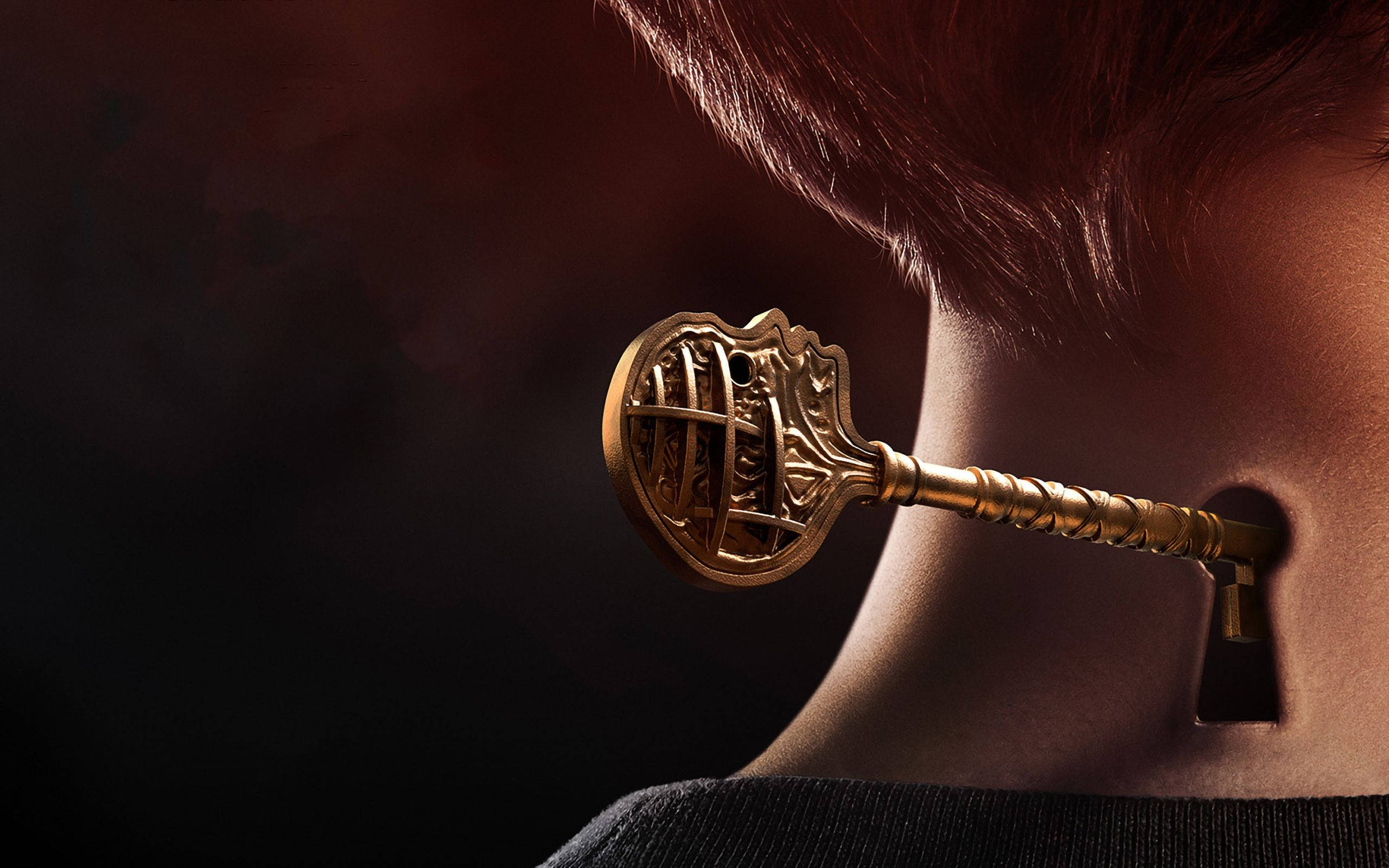 golden ornate key, keyhole on the back of a person's neck, dark smoky background, 2K Desktop Wallpaper