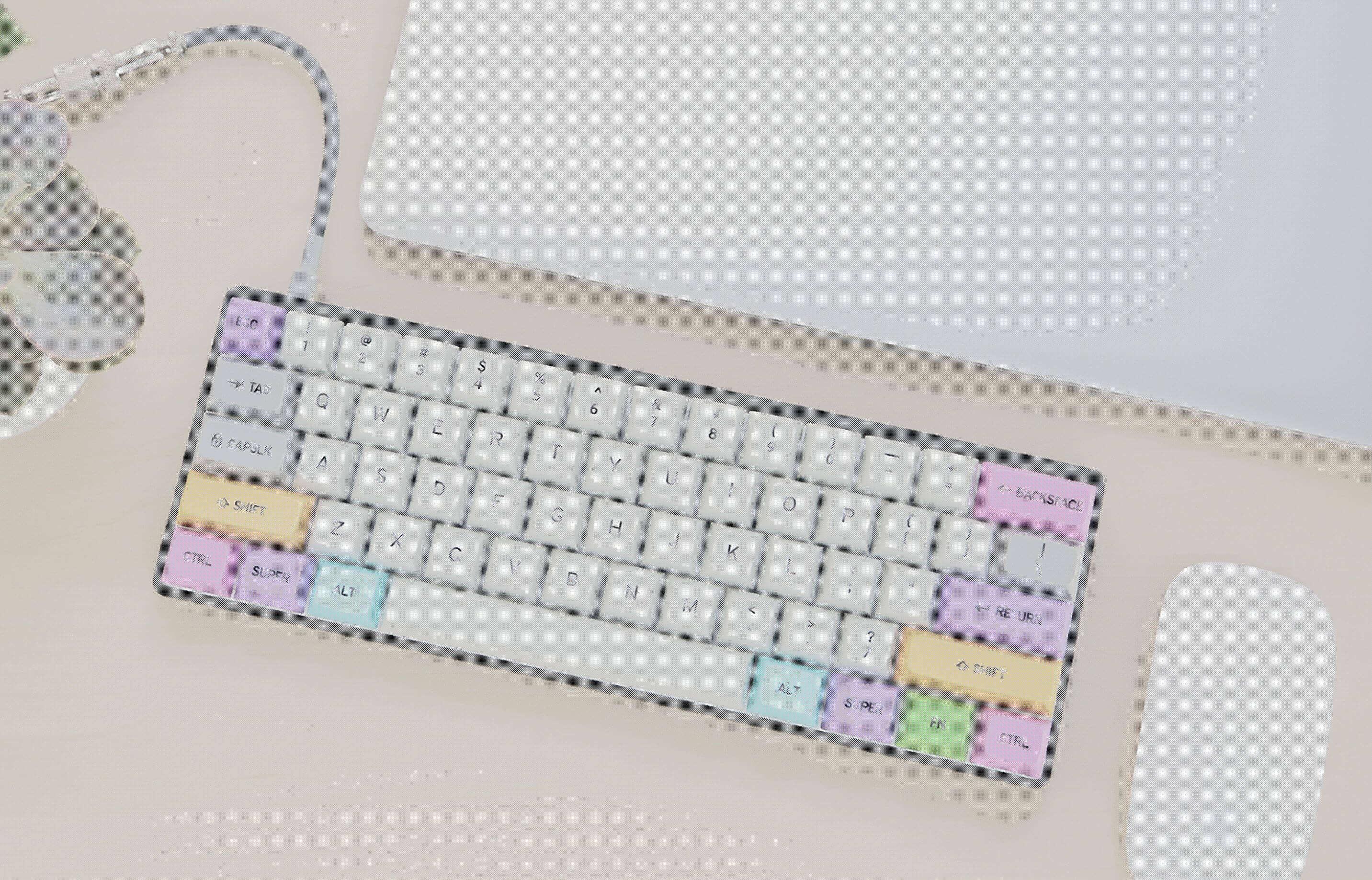 aesthetic white mechanical keyboard, pastel-colored mechanical keyboard, light wooden desk, 2K Desktop Wallpaper