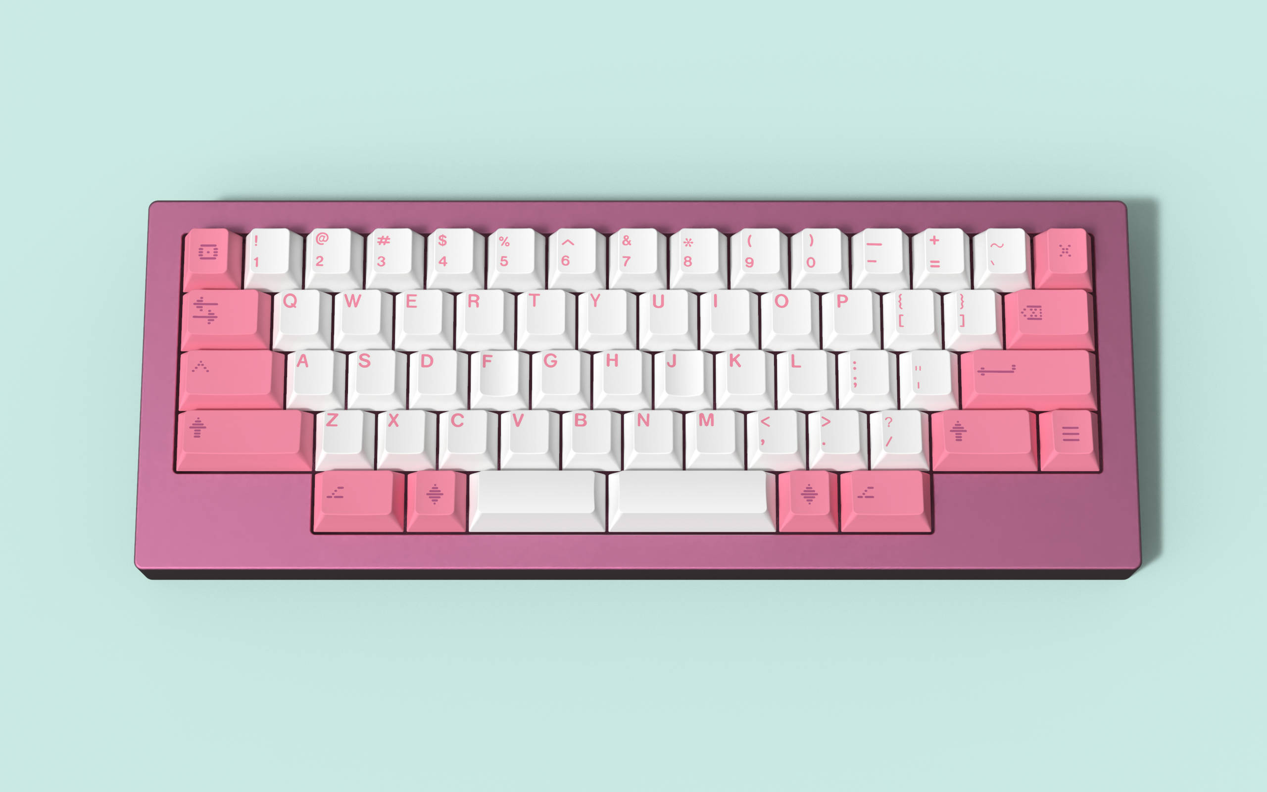 pink white aesthetic keyboard, pastel pink and white mechanical keyboard, red lettering, 2K Desktop Wallpaper