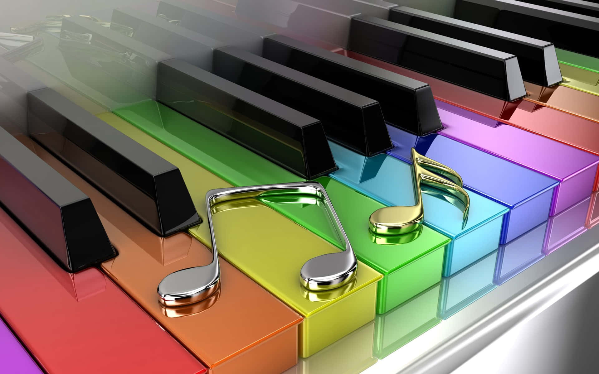 piano keys, shiny metallic music notes, rainbow-colored, Full HD Desktop Wallpaper