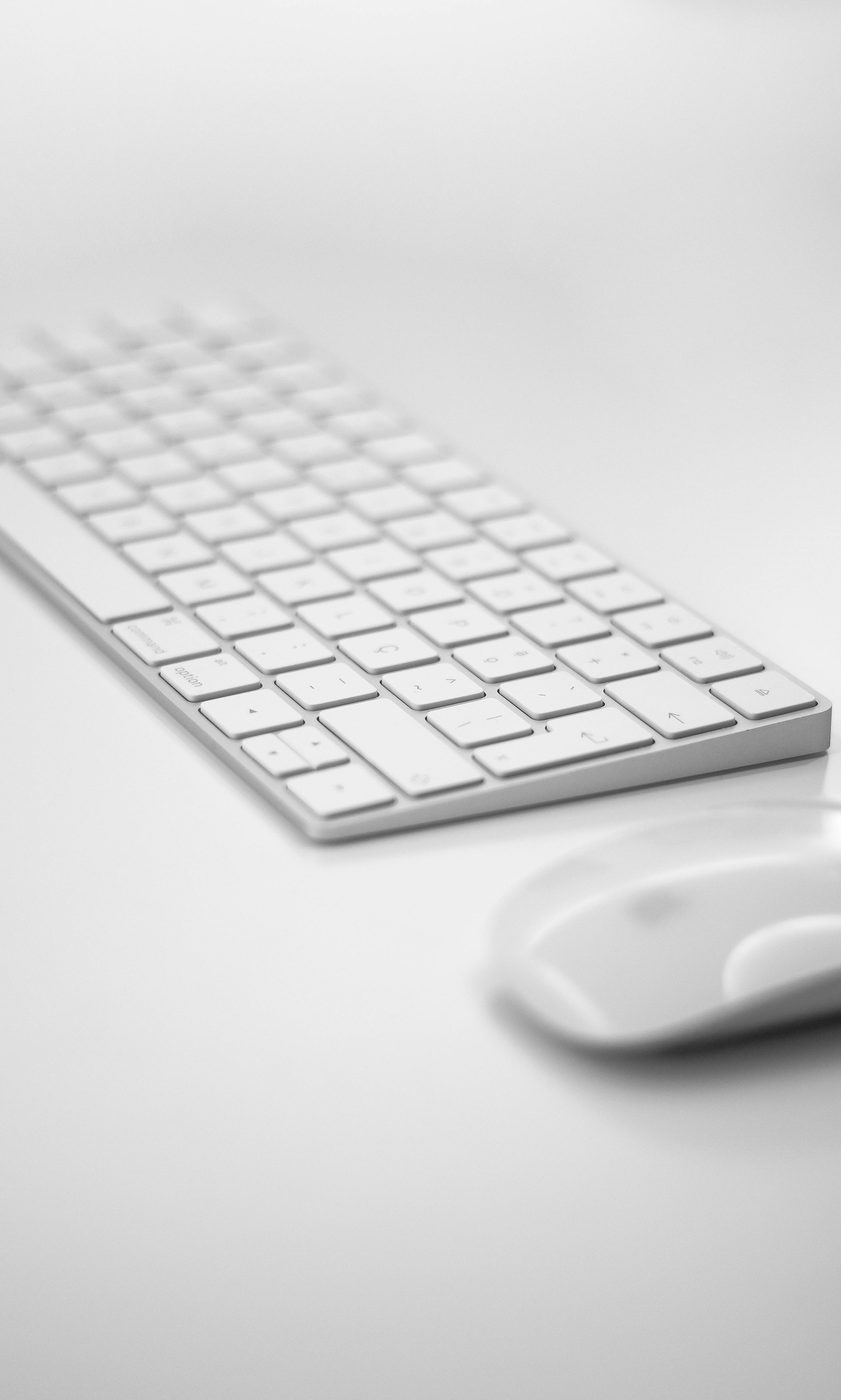 white aesthetic keyboard, white aesthetic mouse, minimalist white keyboard, 4K Phone Wallpaper