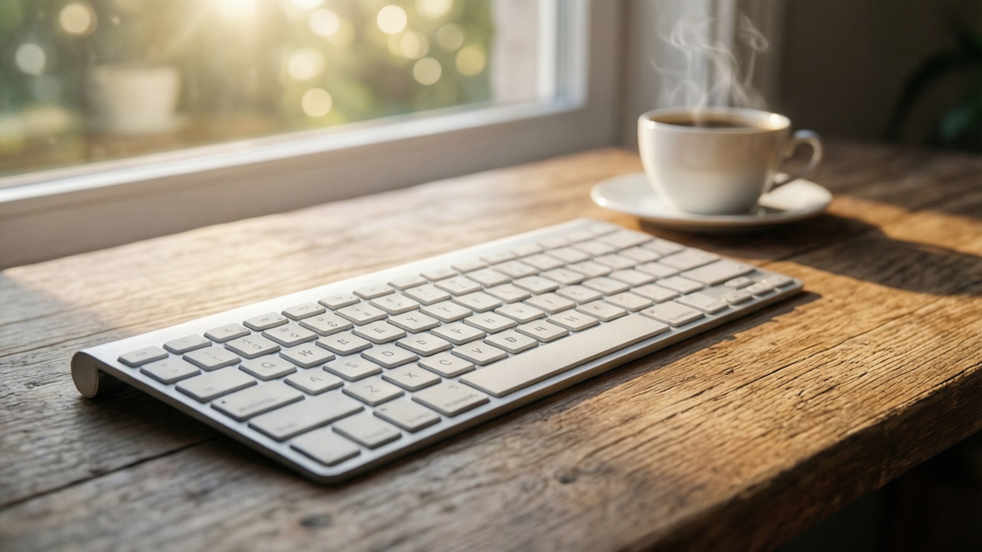 Morning Coffee Keyboard, silver, rustic wooden table, Full HD Desktop Wallpaper