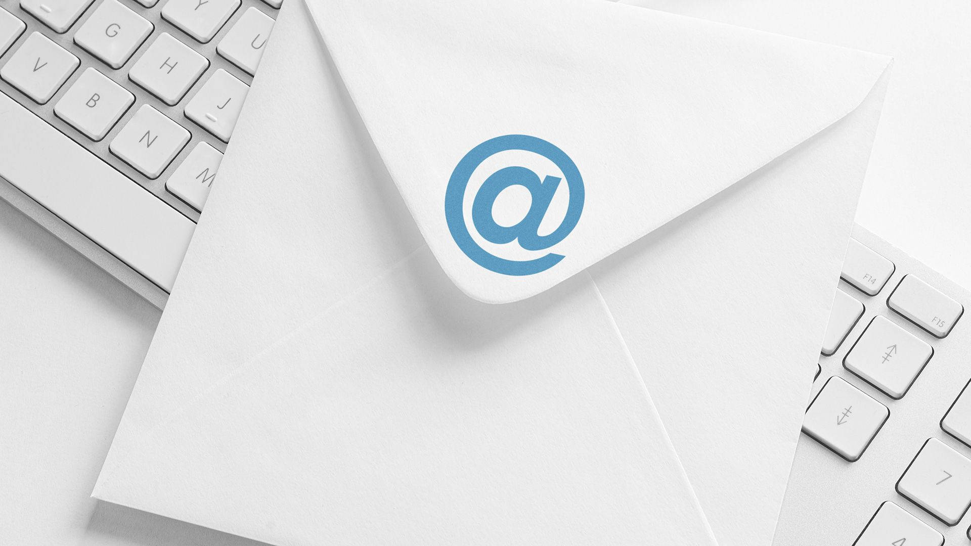 white envelope, blue at symbol logo, sleek white keyboard, Full HD Desktop Wallpaper
