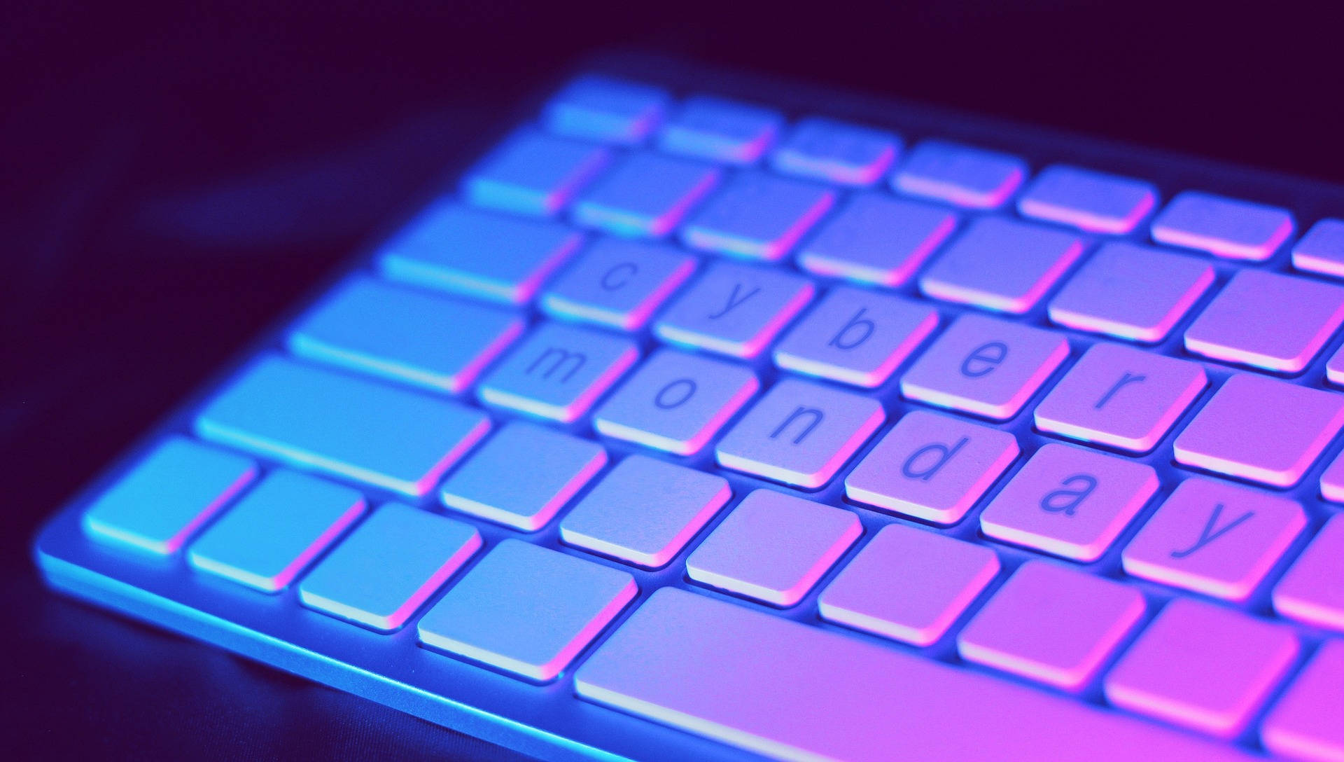 Cyber Monday, wireless keyboard, blue and purple backlighting, Full HD Desktop Wallpaper