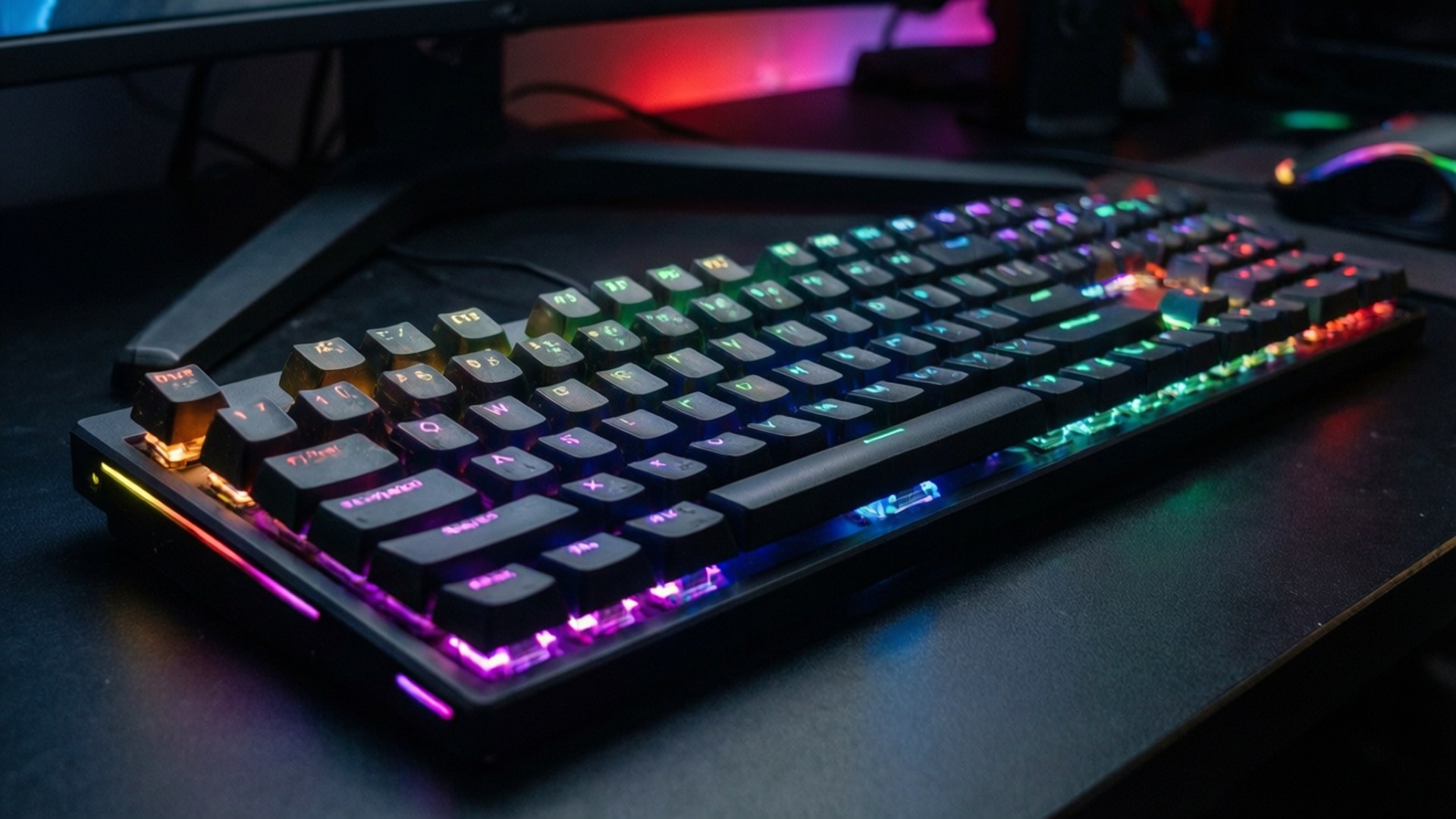 neon gaming keyboard, rainbow backlighting, dark desk, Full HD Desktop Wallpaper