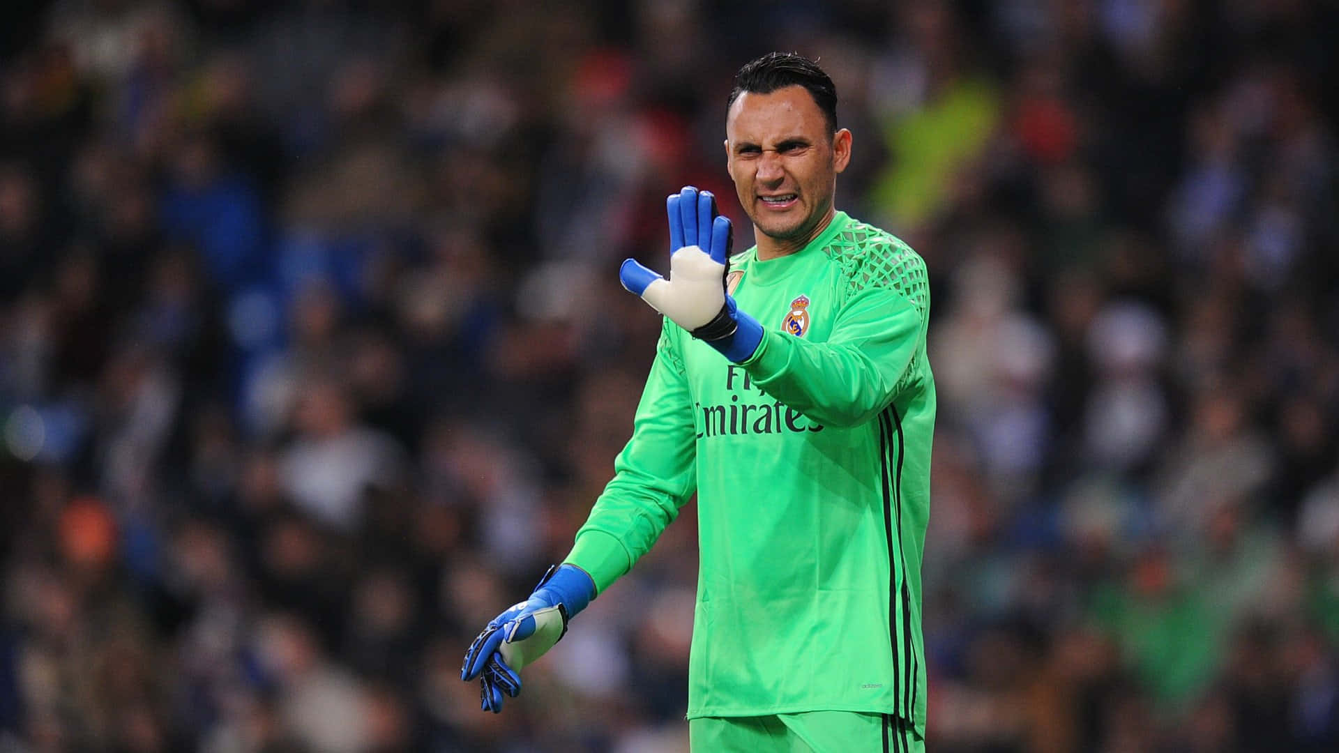 Keylor Navas, bright green jersey, gloved hand, Full HD Desktop Wallpaper