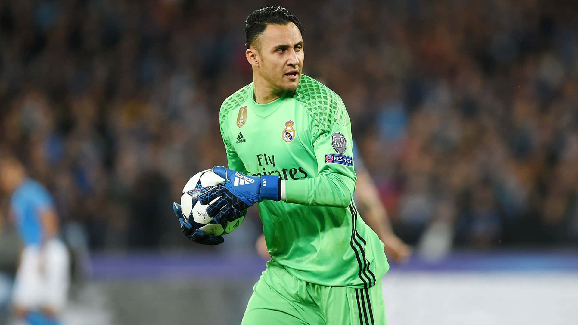 Keylor Navas, bright green uniform, stadium lights, Full HD Desktop Wallpaper