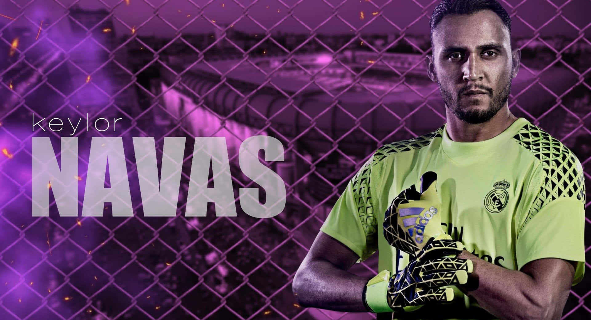 Keylor Navas, bright green jersey, chain-link fence, Full HD Desktop Wallpaper