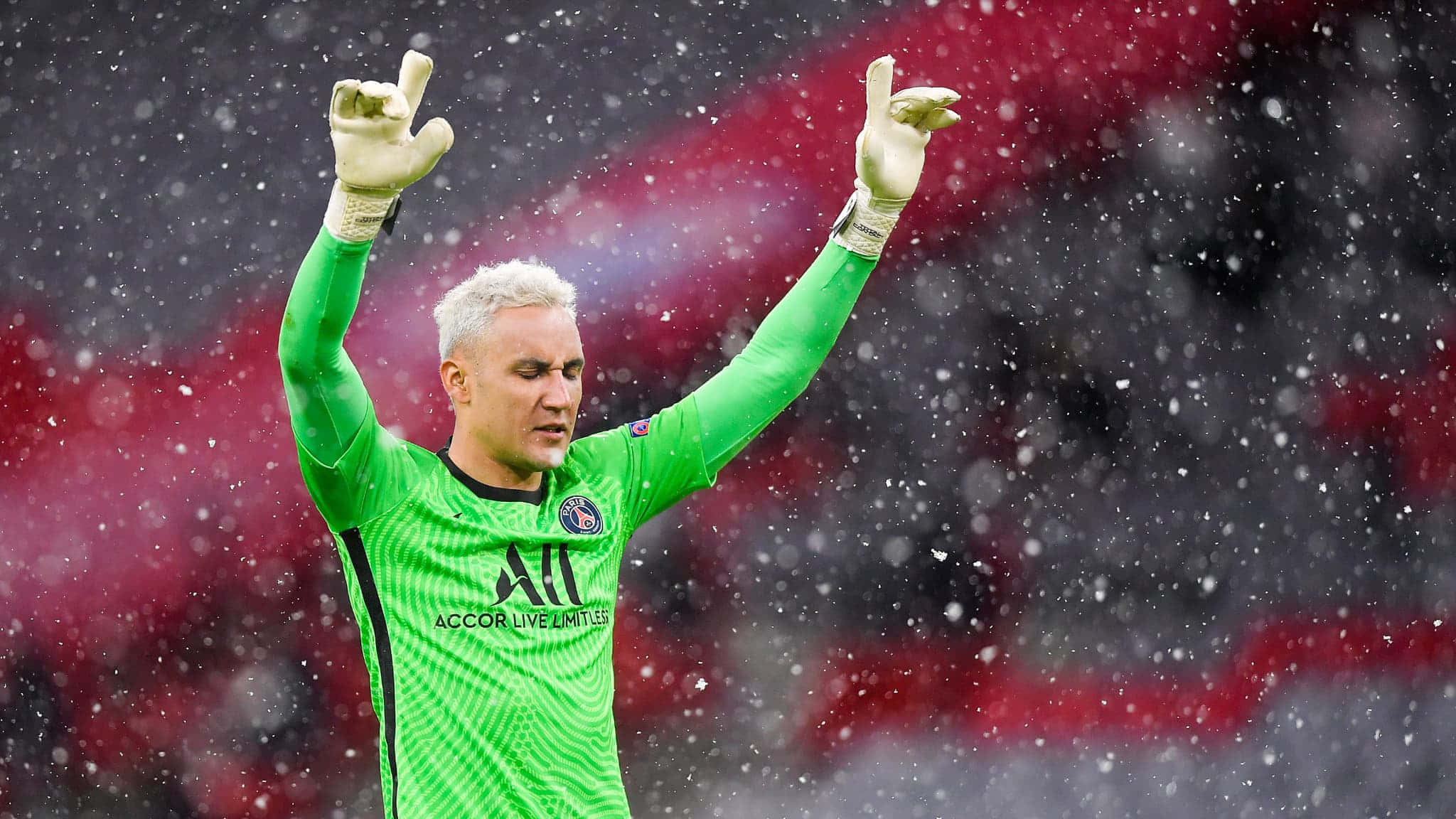 Keylor Navas, bright green jersey, snow falls, Full HD Desktop Wallpaper