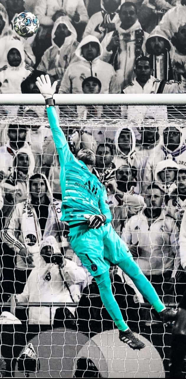 Keylor Navas, vibrant teal, black and white crowd backdrop, HD Phone Wallpaper