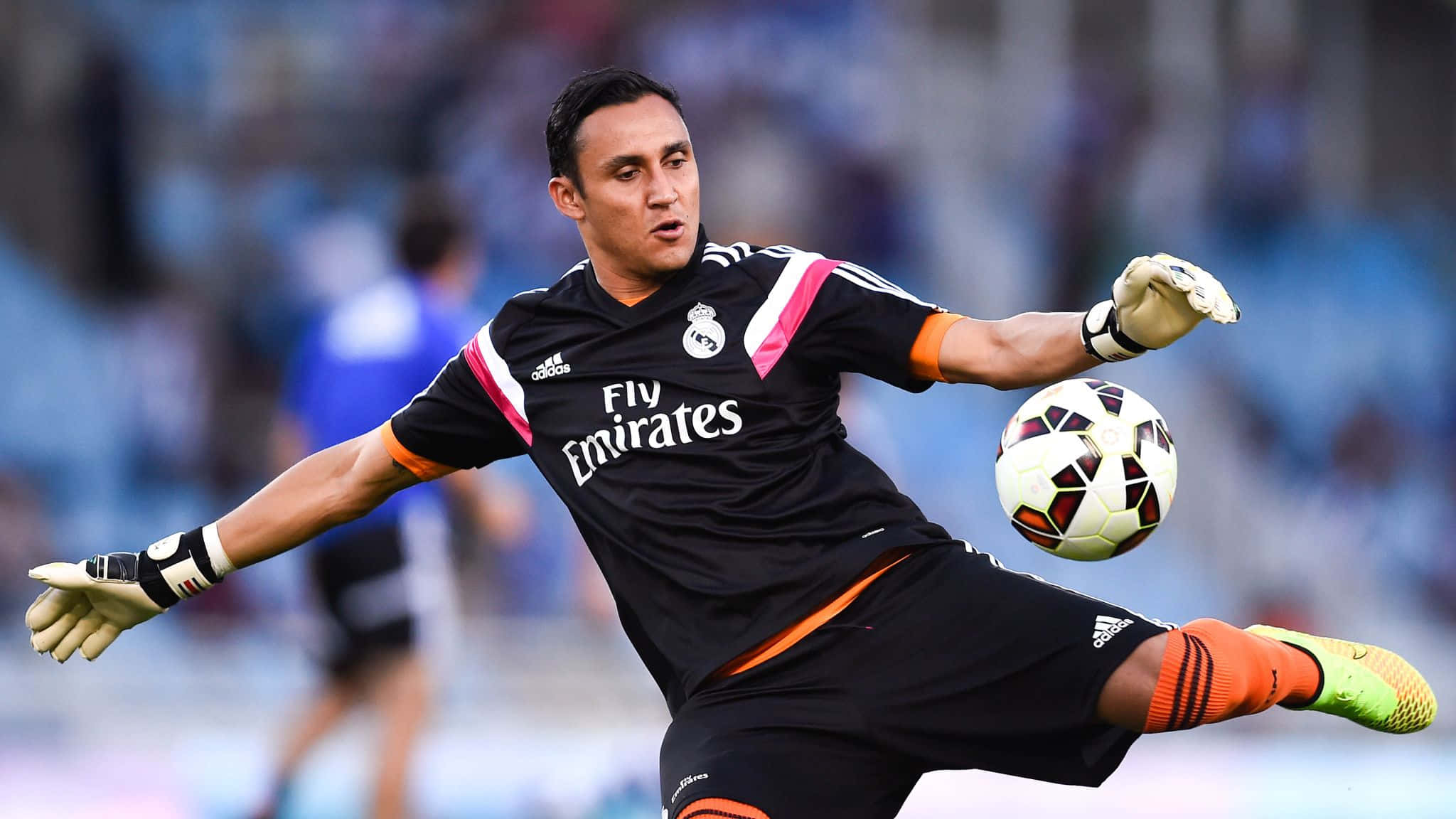 Keylor Navas, black and orange kit, white and black patterned ball, Full HD Desktop Wallpaper