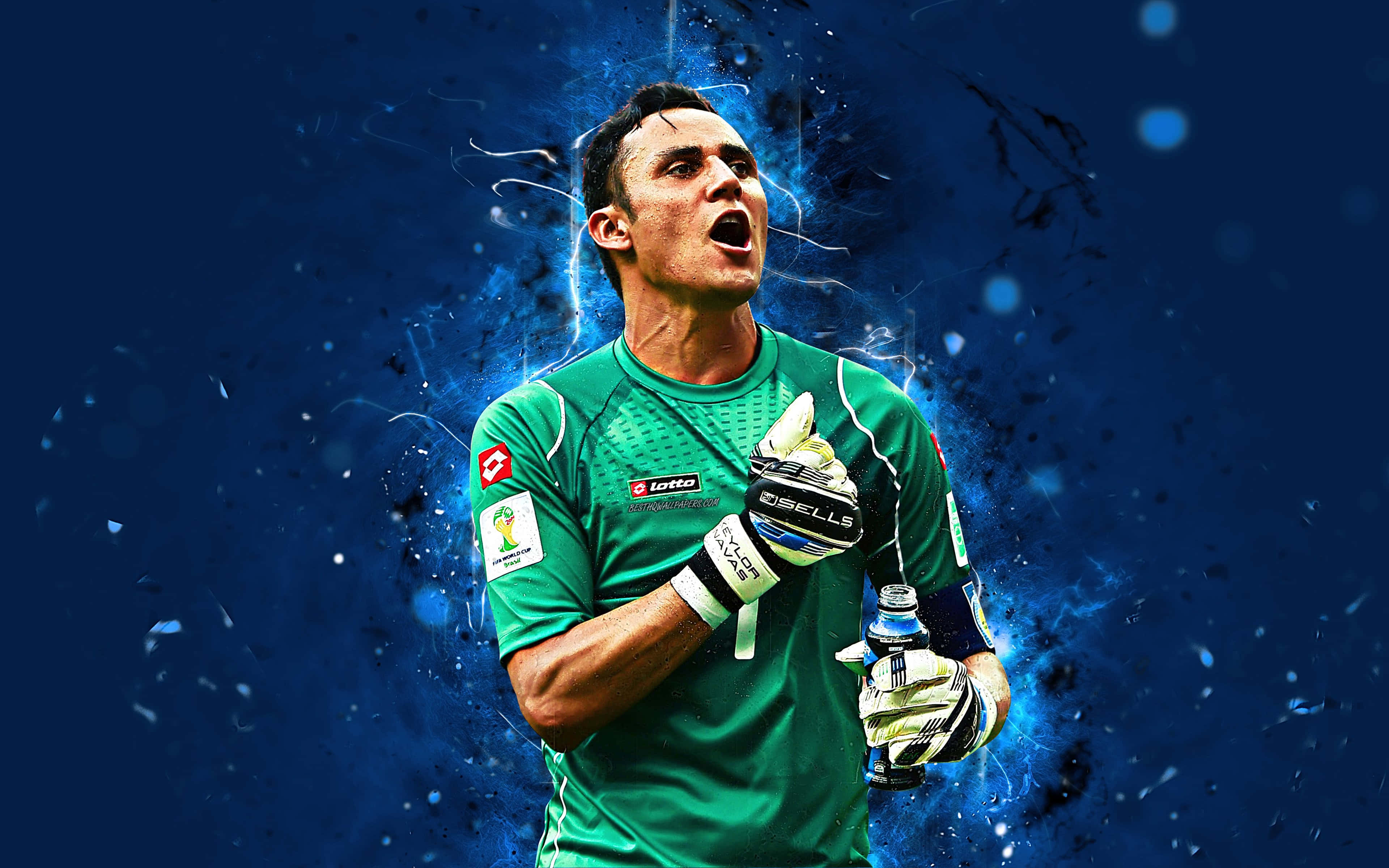 Keylor Navas, green jersey, blue energy burst background, 4K Desktop Wallpaper