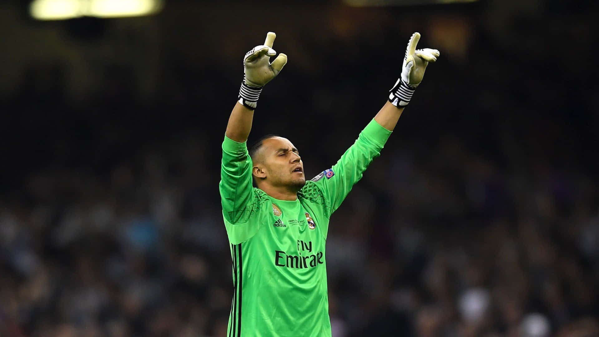 Keylor Navas, bright green jersey, gloved hands, Full HD Desktop Wallpaper