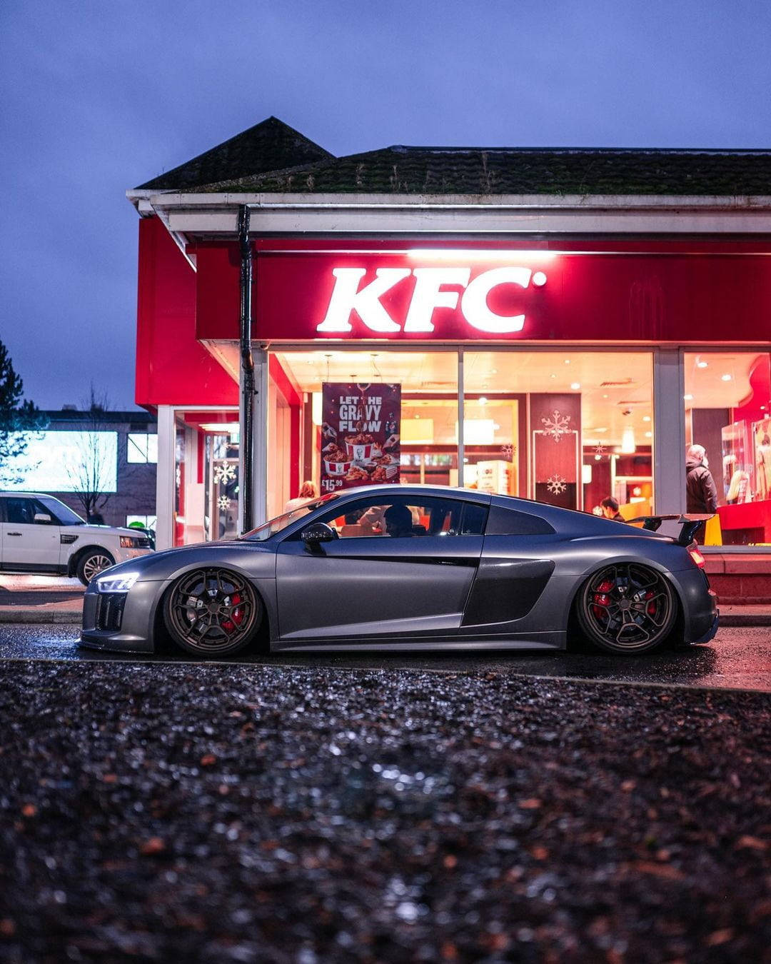 KFC, sleek silver sports car, brightly lit KFC restaurant, HD Phone Wallpaper