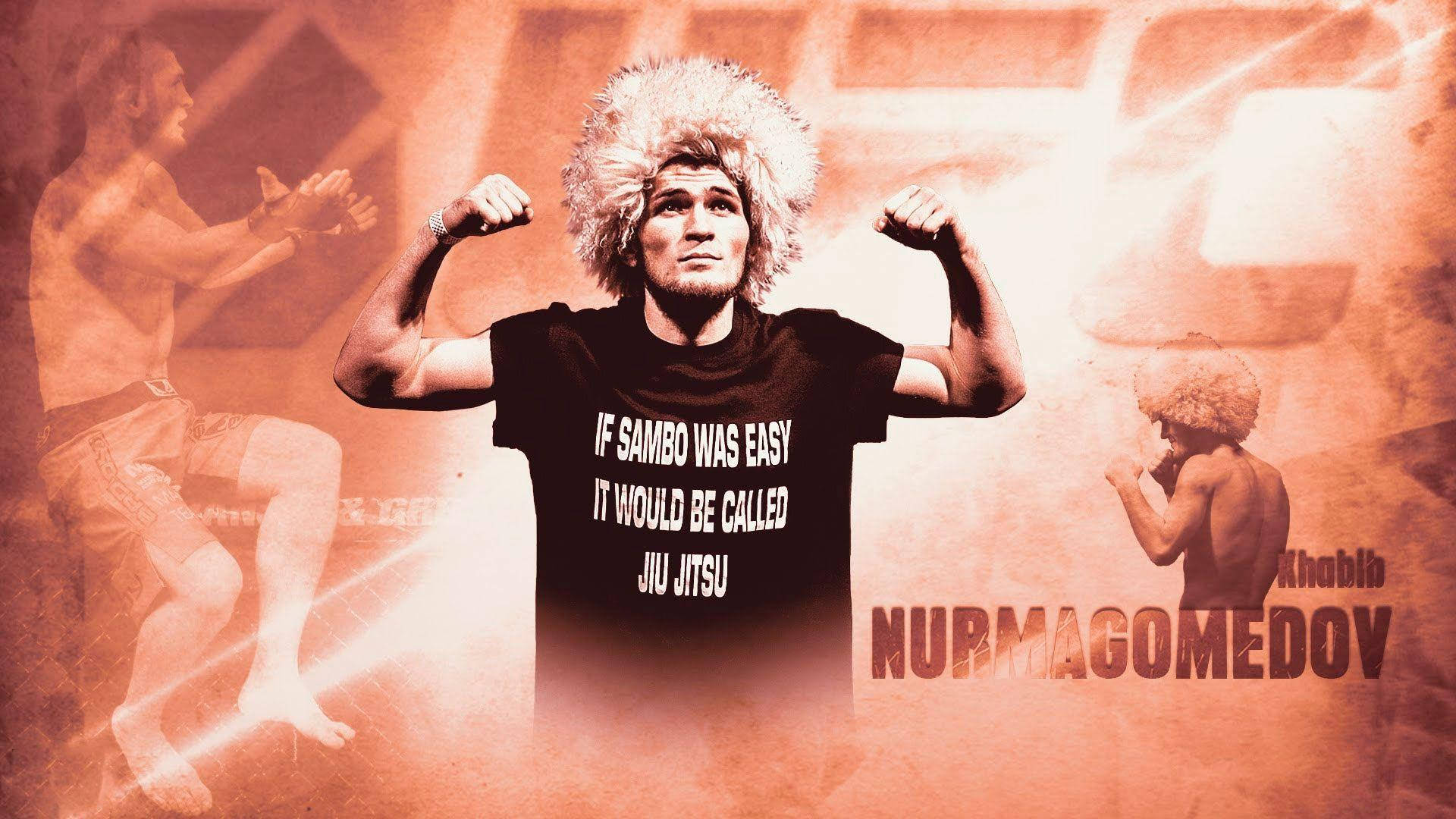 Khabib Nurmagomedov, orange artwork, furry hat, Full HD Desktop Wallpaper