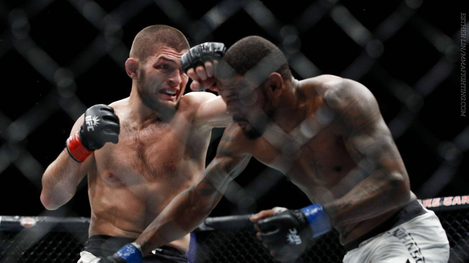 Khabib Nurmagomedov, cage, bright arena lights, HD Desktop Wallpaper
