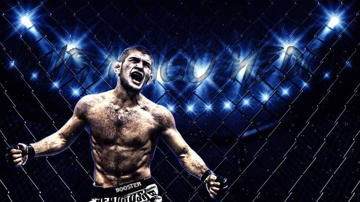 Khabib Nurmagomedov, blue-lit octagon cage, glowing spotlights, SD Desktop Wallpaper